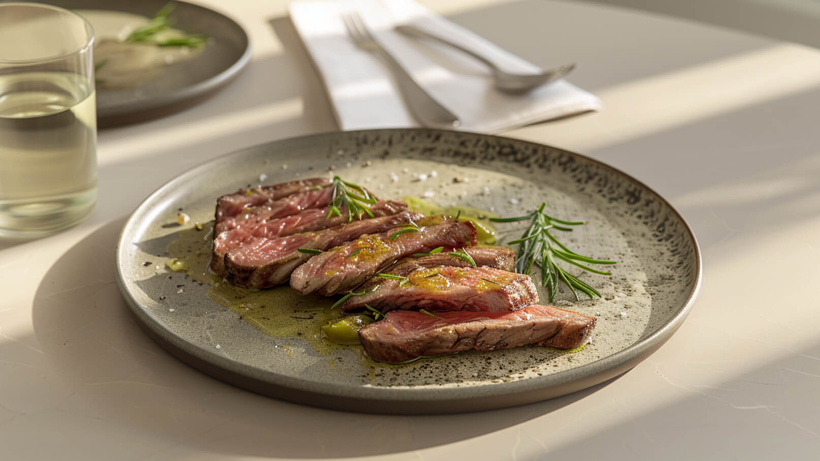 Ein Teller mit mehrere Scheiben gegrilltem Fleisch, das saftig und rosa aussieht. Es ist mit grünem Kräuteröl und frischen Rosmarinzweigen garniert. Daneben befindet sich ein Glas Wasser und Besteck auf einem weißen Platzdeckchen. Das Bild ist hell und freundlich.