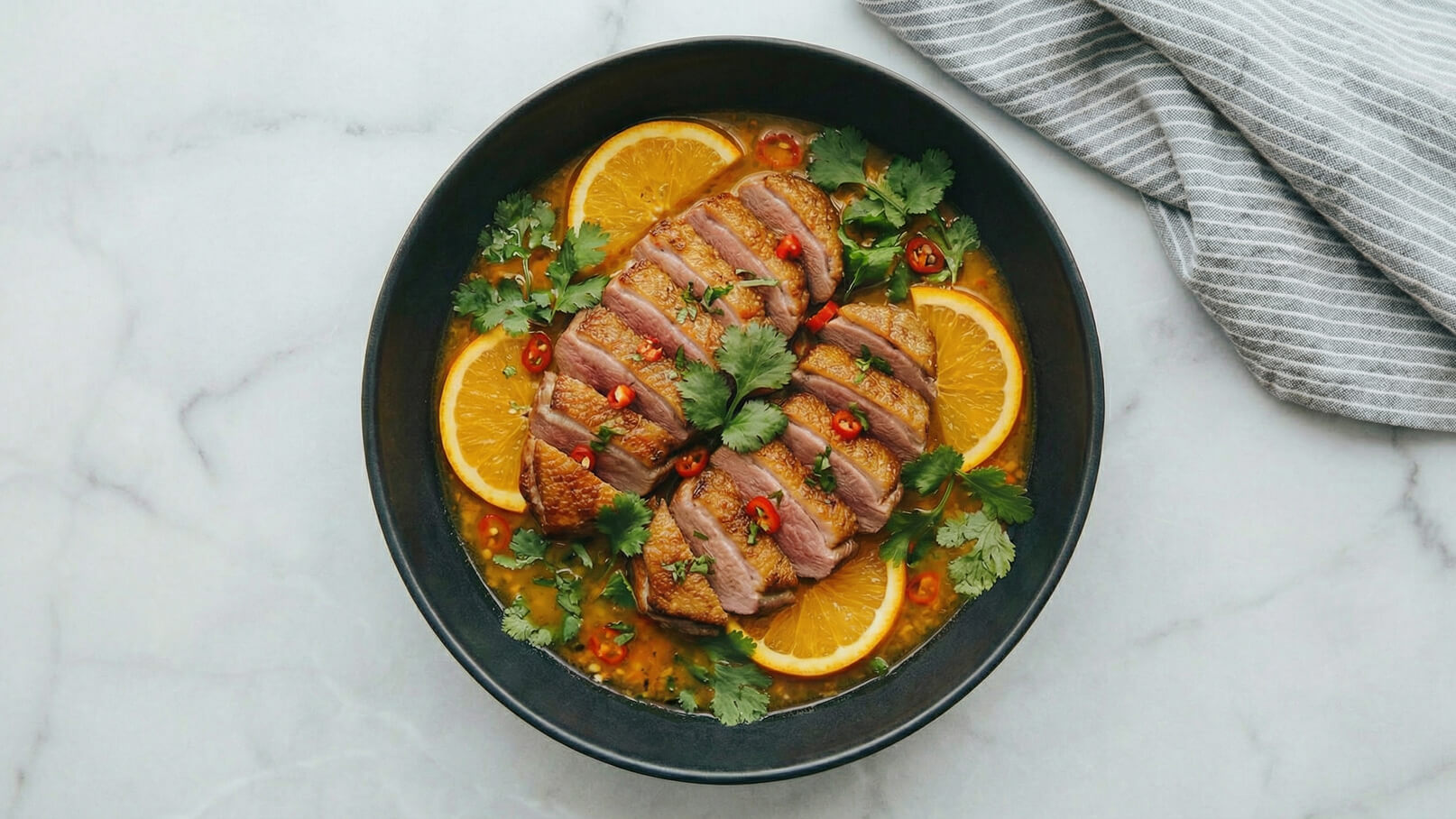 Ein runder, schwarzer Teller enthält kunstvoll geschnittene, angebratene Entenbrust, die mit frischen Korianderblättern und kleinen roten Chilischoten garniert ist. Um die Ente herum sind orangefarbene Orangenscheiben angeordnet, die in einer aromatischen Brühe schwimmen.