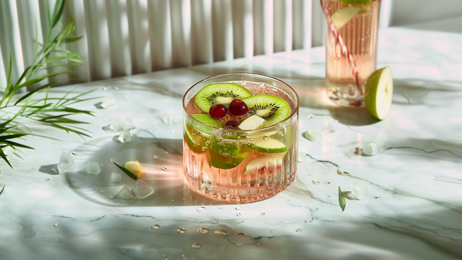 Auf dem Bild ist ein elegantes Glasgefäß zu sehen, randvoll gefüllt mit erfrischender Kiwi-Bowle. Die Bowle zeichnet sich durch die leuchtend grüne Farbe der Kiwi aus und enthält möglicherweise noch weitere Fruchtstücke oder Aromen. Im Hintergrund sind ein grüner Apfel und zwei Flaschen zu erkennen, die das fruchtige Thema der Bowle unterstreichen.