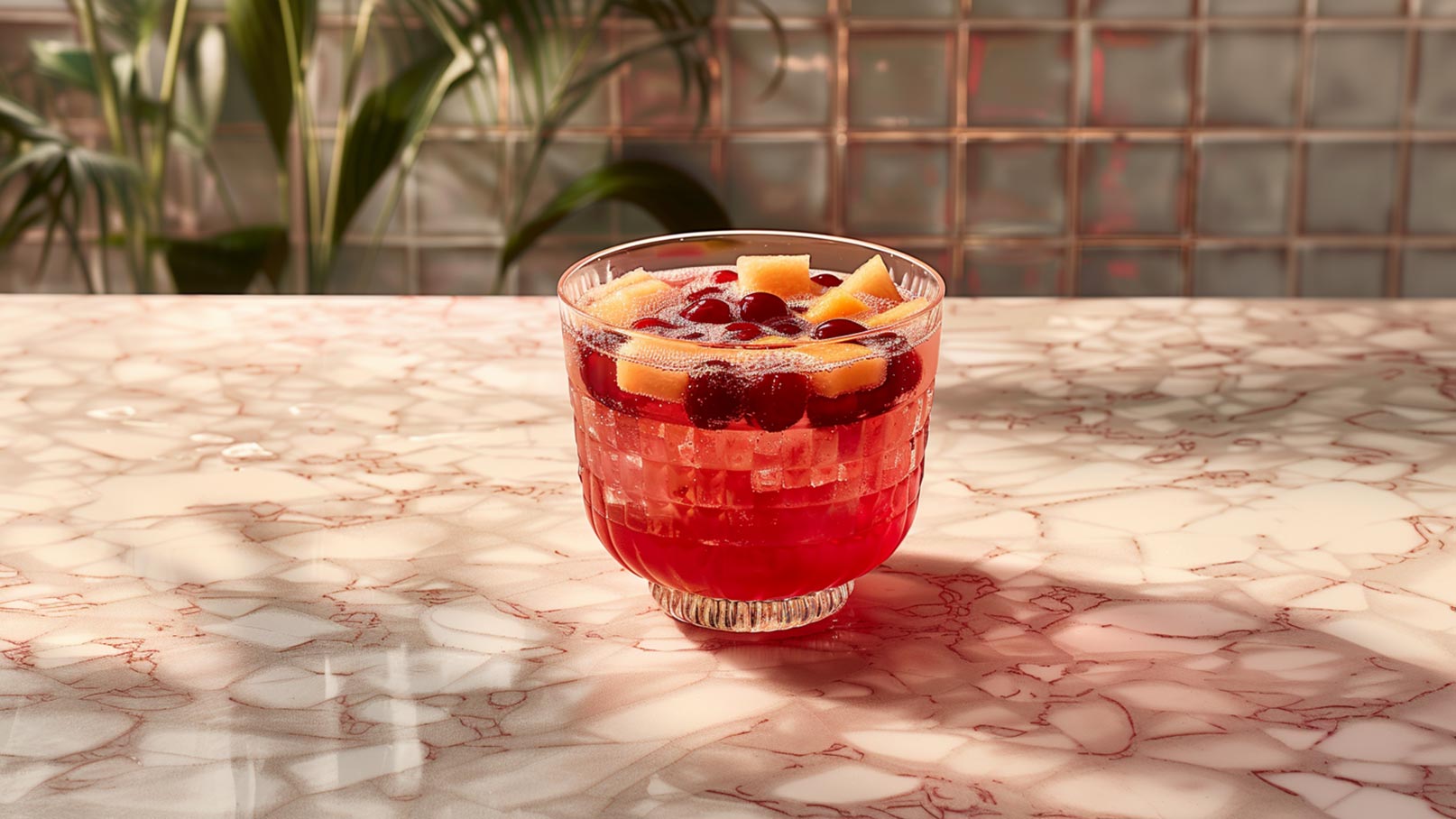 Eine große Glasschüssel mit rotem Fruchtpunsch, gefüllt mit Eiswürfeln, Kirschen und Zitronenscheiben, steht auf einem Marmortisch. Daneben sind kleine Gläser mit einem Getränk und ein Teller mit Melonenstücken zu sehen. Die Szenerie wirkt frisch und einladend.
