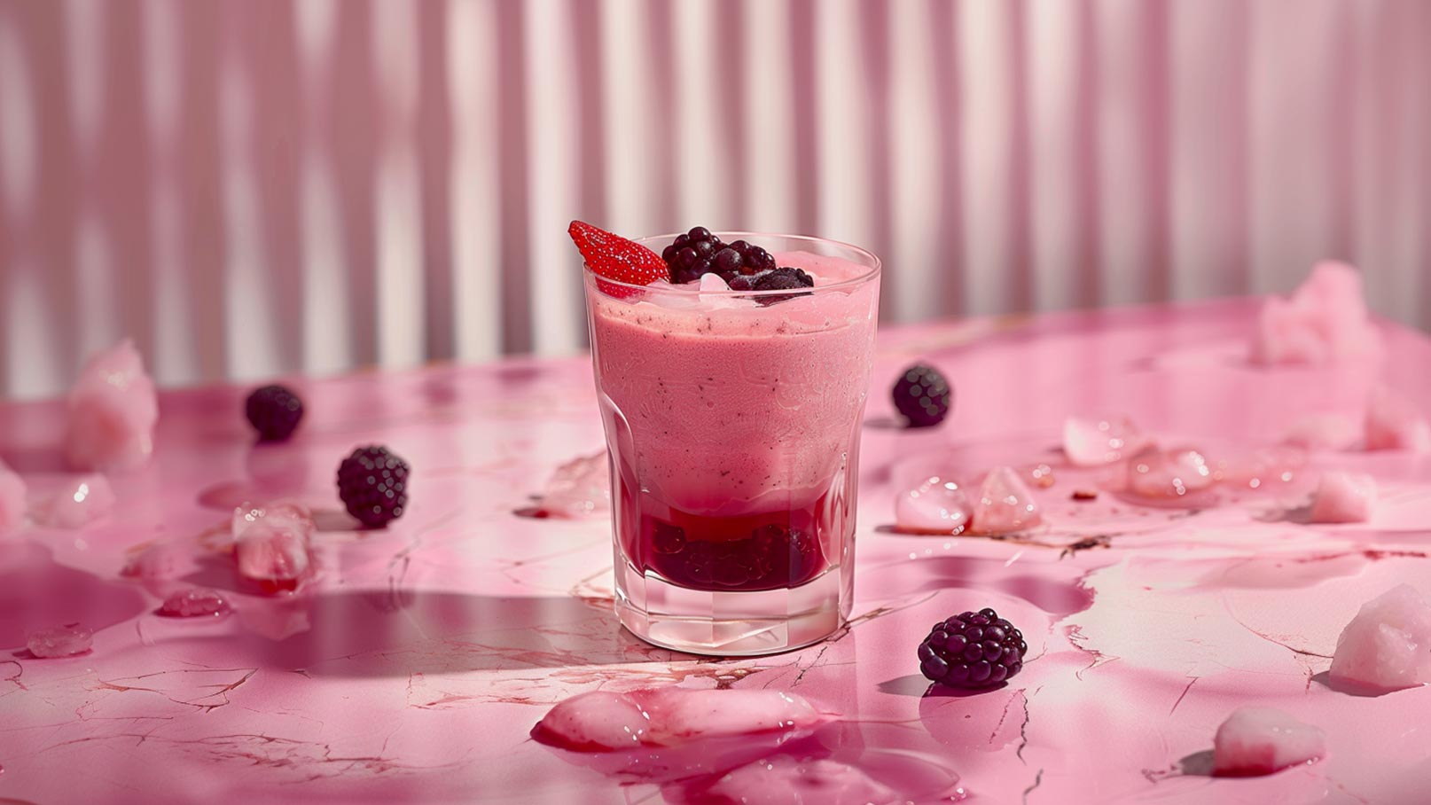 Auf dem Bild ist ein großes Glas mit einem erfrischenden Brombeer-Smoothie zu sehen, garniert mit Minzblätter und einem Strohhalm. Um das Glas herum sind Brombeeren und Minze arrangiert. Ein fruchtiges und ansprechendes Bild, das die Frische und den Genuss des Smoothies unterstreicht.