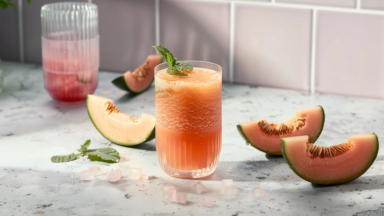 Auf dem Bild ist ein hohes Glasgefäß zu sehen, randvoll gefüllt mit einem selbstgemachten Melonen Smoothie. Im Hintergrund liegen einige frische Melonenstücke, die darauf hindeuten, dass der Smoothie frisch zubereitet wurde. Zwischen den Melonenstücken sind einige Strohhalme zu sehen, die bereit liegen, um in den erfrischenden Smoothie gesteckt zu werden.