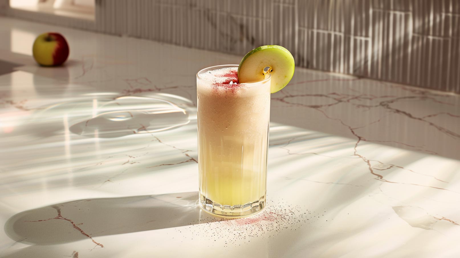 Auf dem Bild ist ein großes Glas zu sehen, randvoll gefüllt mit einem erfrischenden Apfel-Bananen-Milchshake. Das Getränk ist reichhaltig und cremig, mit einer Mischung aus süßen Äpfeln und reifen Bananen zubereitet. Die Oberfläche des Milchshakes ist mit zarten Bananenstücken verziert, die das Getränk zusätzlich dekorieren. Um das Glas herum sind verschiedene Äpfel und Bananen drapiert, die die Frische der Zutaten betonen.