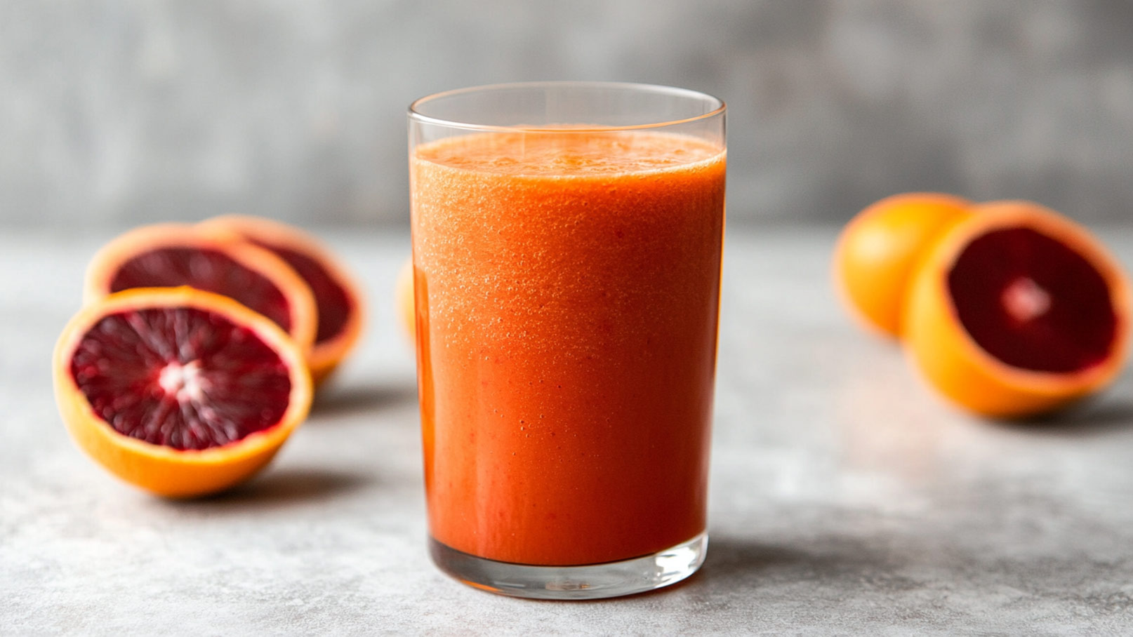 Das Bild zeigt ein großes Glas gefüllt mit einem erfrischenden Cranberry-Blutorangen-Smoothie, getoppt mit Johannisbeeren, Blaubeeren und einer Orangenscheibe. Um das Glas herum liegen weitere Früchte, die die Frische und Vielfalt der Zutaten unterstreichen. Ein farbenfroher und gesunder Genuss.