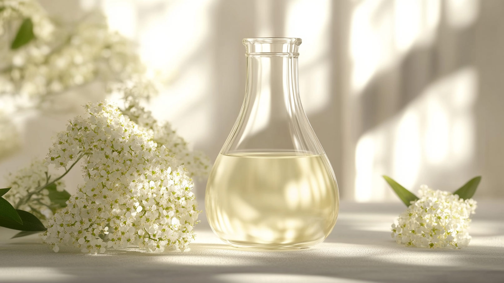 Stell dir ein großes, glasklares Gefäß vor, das prall gefüllt ist mit goldenem Holunderblütensirup, der im Licht schimmert. Neben der Flasche liegen einige frische, weiße Holunderblüten mit ihren zarten Blütenblättern und eine leuchtend gelbe Zitrone, deren glatte Schale glänzt. Das Ganze ist auf einem rustikalen Holzuntergrund arrangiert, was eine einladende und sommerliche Atmosphäre schafft, die sofort Lust auf erfrischende Getränke macht.