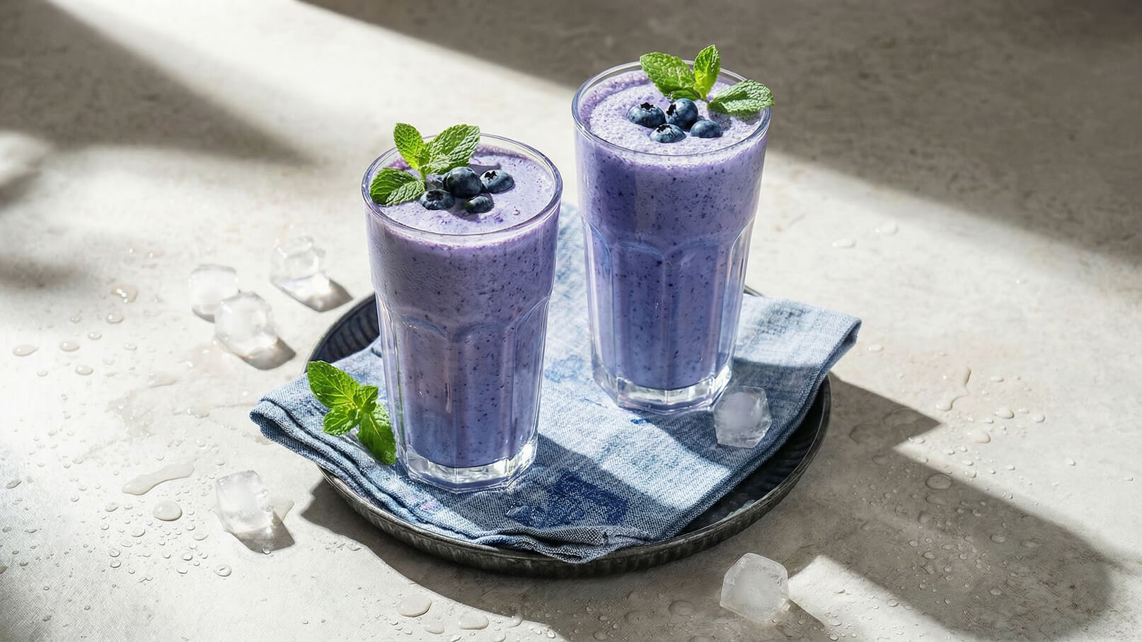 Zwei hohe Gläser mit lila Smoothie, garniert mit frischen Blaubeeren und einem Minzblatt, stehen auf einem dunkelgrauen Teller. Darunter liegt ein blauer Stoffuntersetzer. Die Oberfläche ist nass, mit einigen Eiskübel und Wasserflecken.