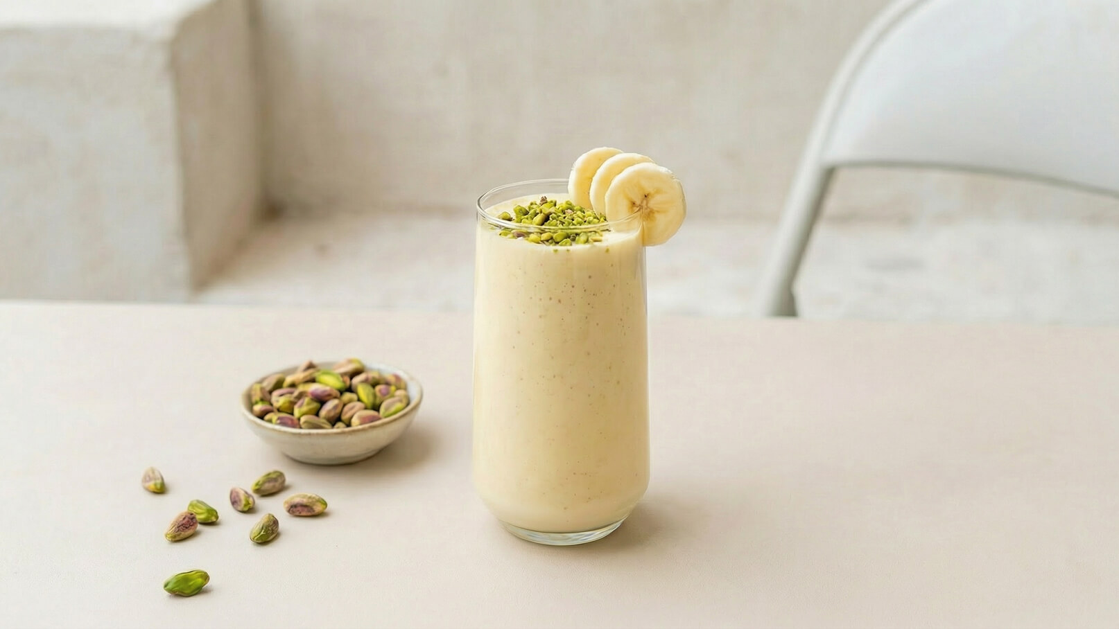 Ein hohes Glas mit einem cremigen Bananensmoothie, garniert mit gehackten Pistazien und einer Scheibe Banane. Daneben liegt eine Schale mit ganzen Pistazien auf einem hellen Tisch.