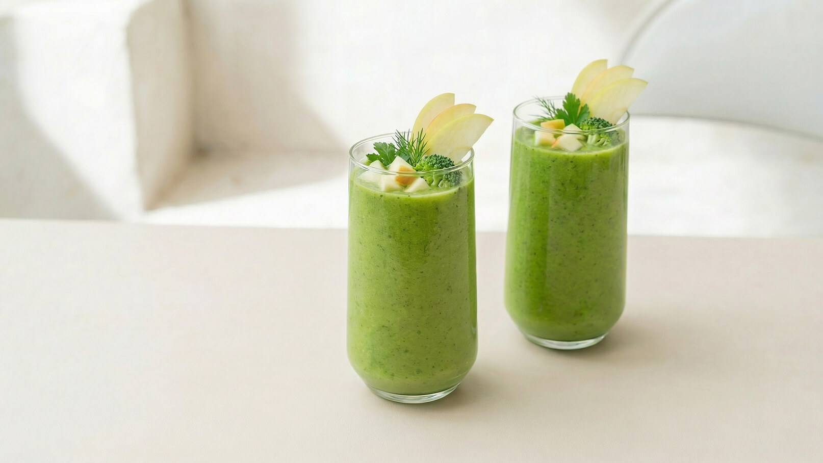 Zwei hohe Gläser mit grünem Smoothie stehen auf einem Tisch. Die Smoothies sind mit Apfelscheiben, frischen Kräutern und kleinen Broccoliröschen garniert. Der Hintergrund ist hell und neutral gehalten.