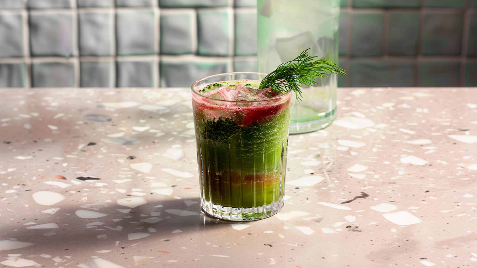 Stell dir ein großes, transparentes Glas vor, gefüllt mit leuchtend grünem Apfel- und Brokkoli-Smoothie. Auf der Oberseite liegt eine frische Gurkenscheibe, dekoriert mit einigen Minzblättern. Neben dem Glas sind die frischen Zutaten angeordnet: knackige grüne Äpfel, leuchtende Brokkoli-Röschen und eine Gurke.