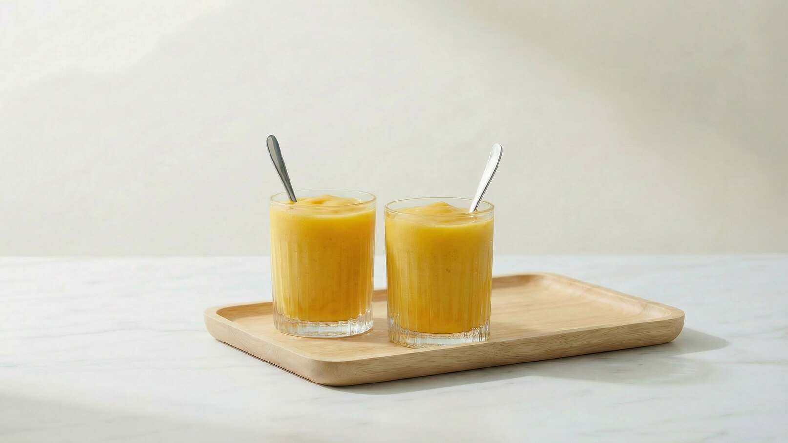 Zwei Gläser mit cremigem, gelbem Smoothie stehen auf einem Holztablett. Jedes Glas hat einen Löffel. Der Hintergrund ist hell und schlicht, wodurch die Gläser und die Farbe des Smoothies hervorstechen.