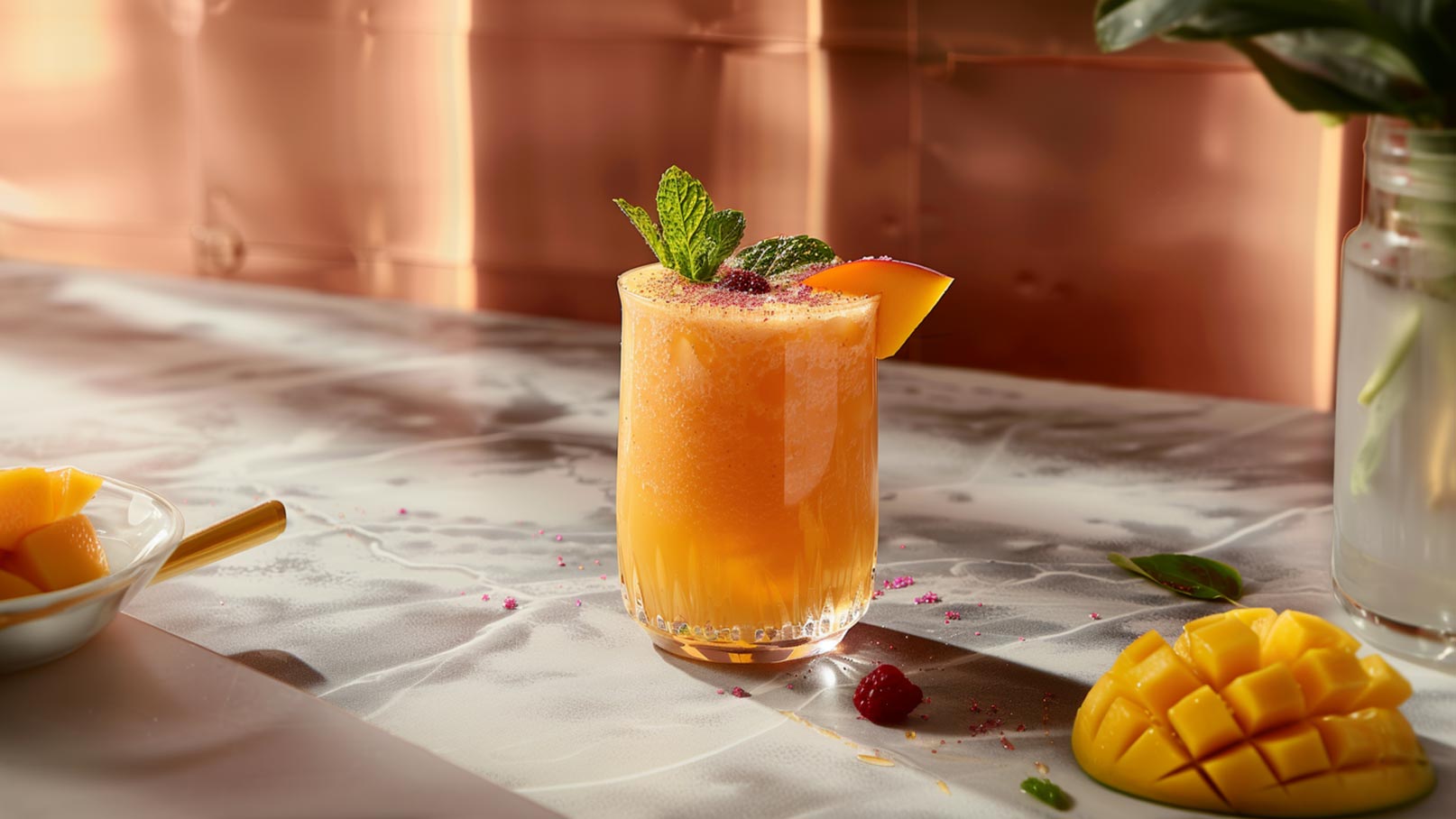 Das Bild zeigt einen schwarzen Hintergrund, auf dem ein rustikales Holzbrett steht. Darauf befinden sich drei Gläser mit einem leuchtenden Mango-Honig-Smoothie, dekoriert mit frischen Minzblättern. Neben den Gläsern liegen saftige Mangostücke, weitere Minzblätter und ein Honiglöffel. Die Komposition strahlt Frische und Genuss aus.