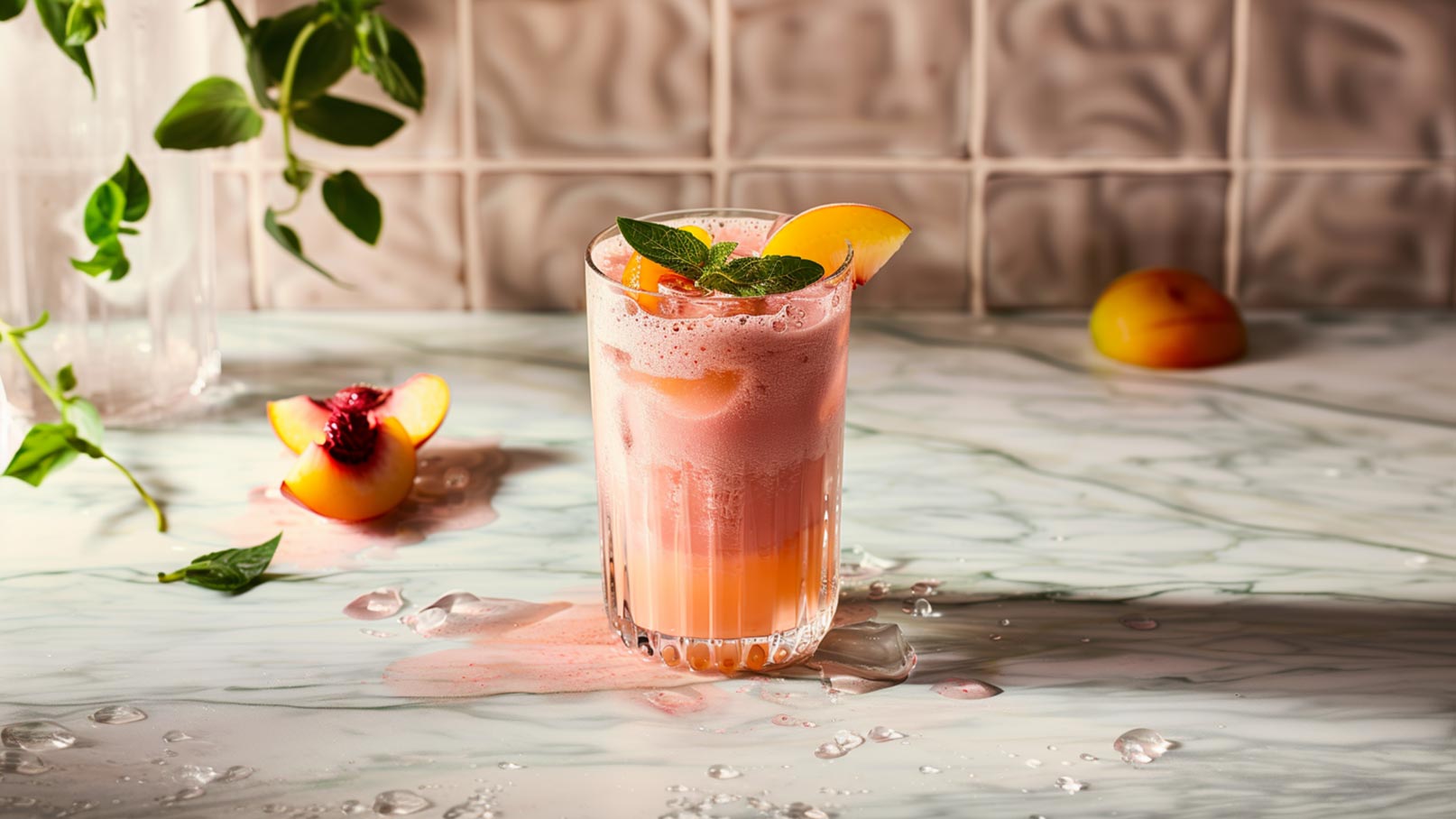 Das Bild zeigt zwei Gläser, die mit einem cremigen Nektarinen-Milchshake gefüllt sind. Jedes Glas ist ansprechend mit einer Scheibe Nektarine, frischen Minzblättern und einem bunten Strohalm dekoriert. Neben den Gläsern liegen saftige Nektarinen, die die frische und fruchtige Note des Getränks unterstreichen.