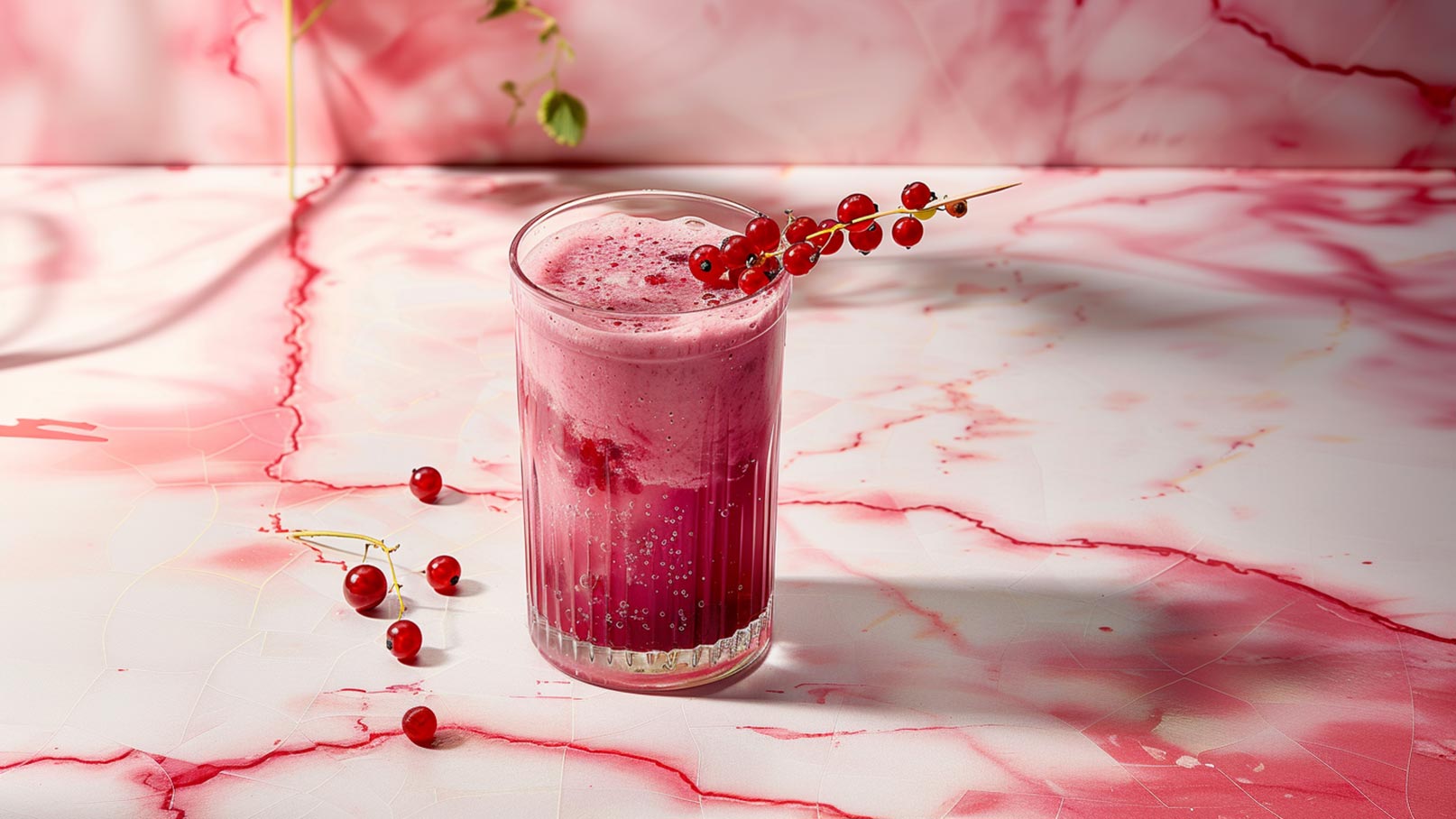 Das Bild zeigt ein großes Glas, gefüllt mit einem leuchtend roten Johannisbeer-Smoothie. Der Smoothie ist gegenüber frisch und cremig und wird oben mit saftigen Johannisbeeren und frischen Minzblättern dekoriert. Rund um das Glas sind weitere Johannisbeeren angeordnet, die die fruchtige Note des Getränks unterstreichen.
