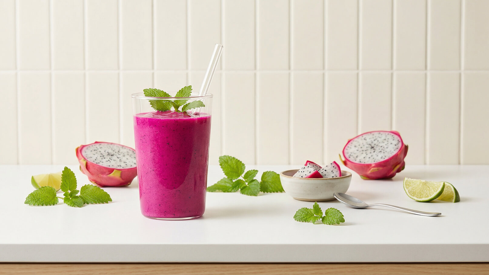 Ein Glas mit einem pinken Smoothie, garniert mit frischen Minzblättern, steht auf einem Tisch. Neben dem Glas liegen Stücke der Drachenfrucht und eine Limettenscheibe. Im Hintergrund sind zwei halbierte Drachenfrüchte sichtbar.