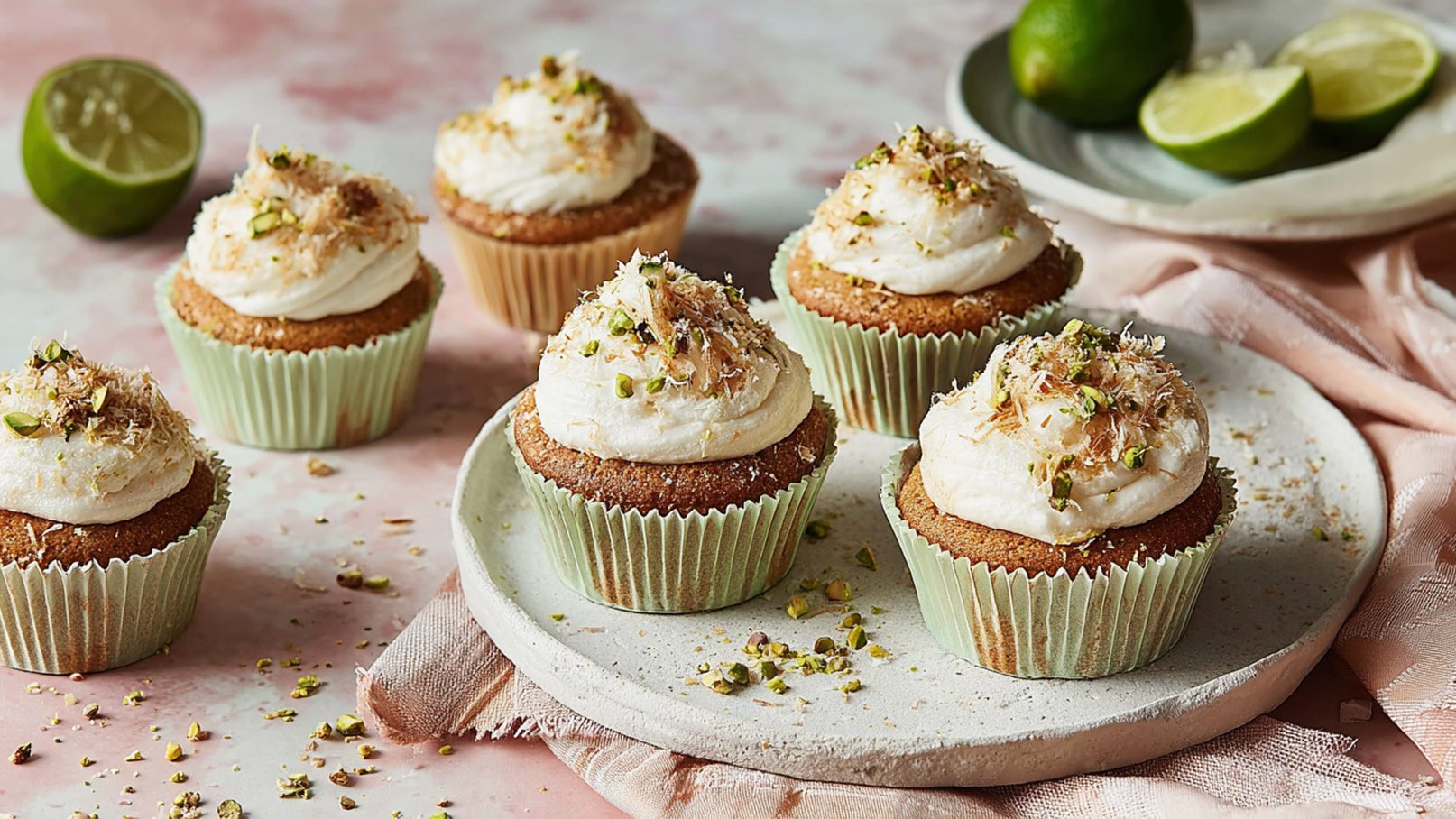 Auf dem Bild sind mehrere Cupcakes in grünen Papierförmchen zu sehen. Die Cupcakes sind mit einer cremigen, weißen Glasur und gehackten Pistazien dekoriert. Im Hintergrund liegen einige Limetten, die zusätzlich Frische und Farbe ins Bild bringen.