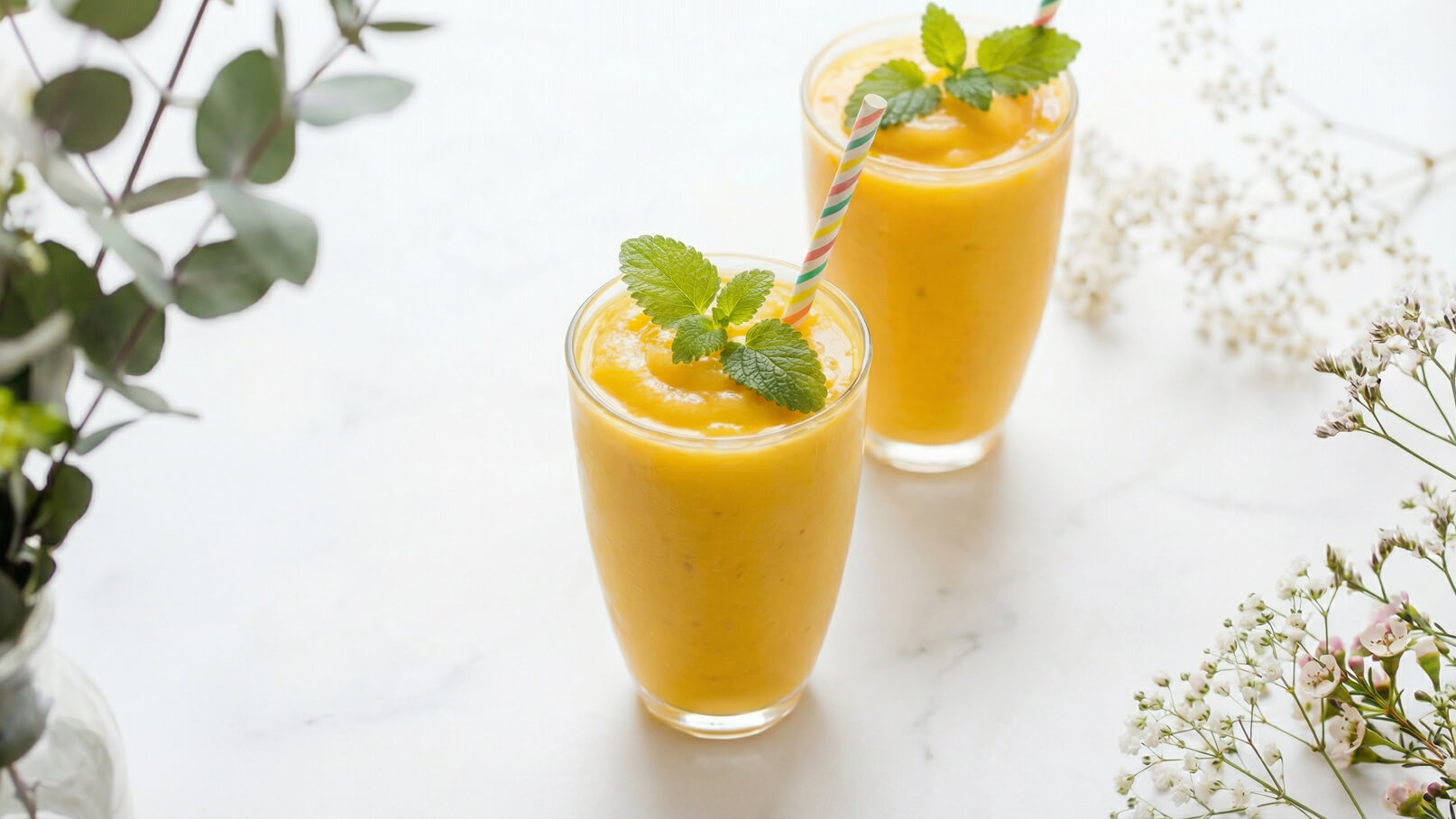 Zwei Gläser mit einem cremigen, gelben Smoothie sind auf weißem Marmortisch angeordnet. Jeder Drink ist mit frischen Minzblättern und einem bunten Strohhalm dekoriert. Im Hintergrund sind zarte Blumen und Blätter sichtbar.