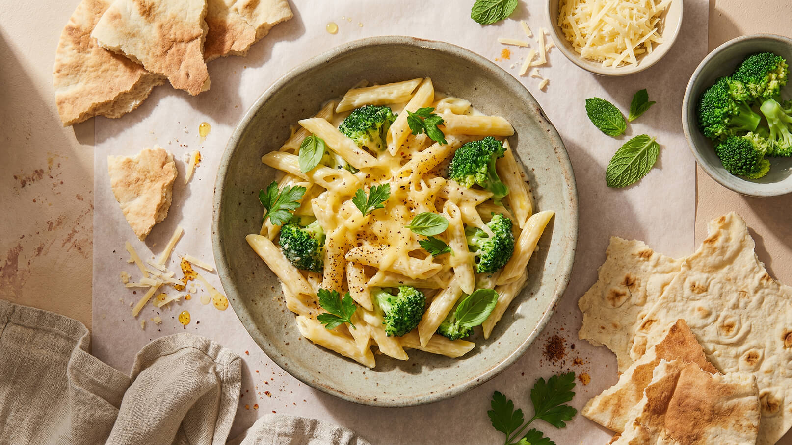 Eine Schüssel mit Penne-Pasta in cremiger Sauce, garniert mit Brokkoli und frischen Kräutern. Daneben liegen einige Stücke Fladenbrot und geriebener Käse. Die Anordnung vermittelt eine ansprechende, einladende Mahlzeit.