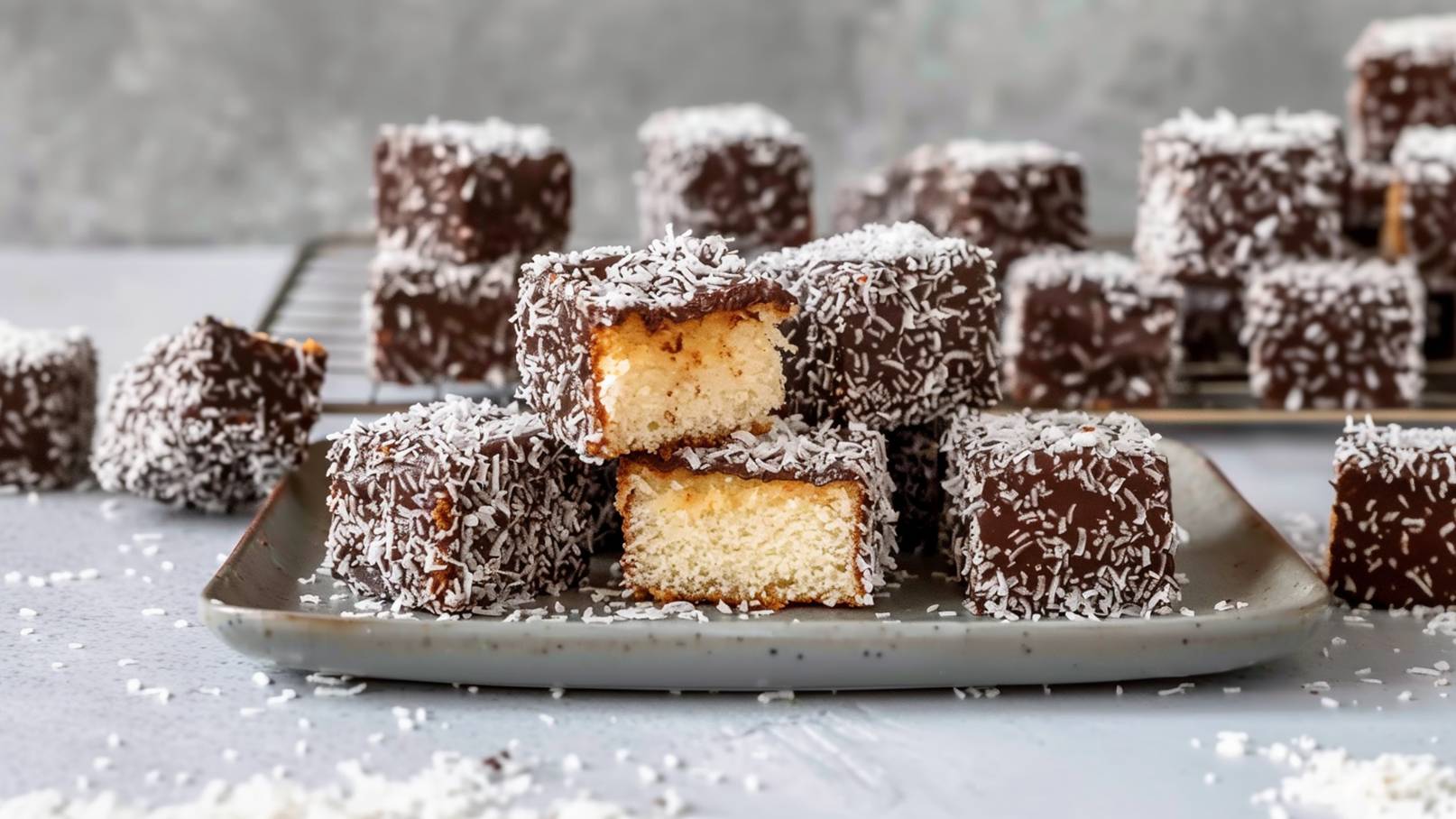 Auf einem grauen Teller sind mehrere würfelförmige, mit Schokolade überzogene Snacks angerichtet, die mit Kokosraspeln bestreut sind. Ein Stück ist halbiert, sodass die weiche, helle Füllung sichtbar ist. Im Hintergrund sind weitere Snacks zu sehen.