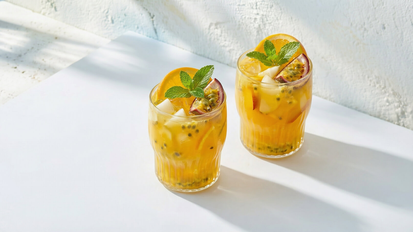 Zwei Gläser mit fruchtigem Getränk stehen auf einem weißen Tisch. Die Getränke sind mit Eis, Passionsfrucht, Apfelstücken und einer Orangenscheibe garniert. Frische Minzblätter stechen ebenfalls hervor.