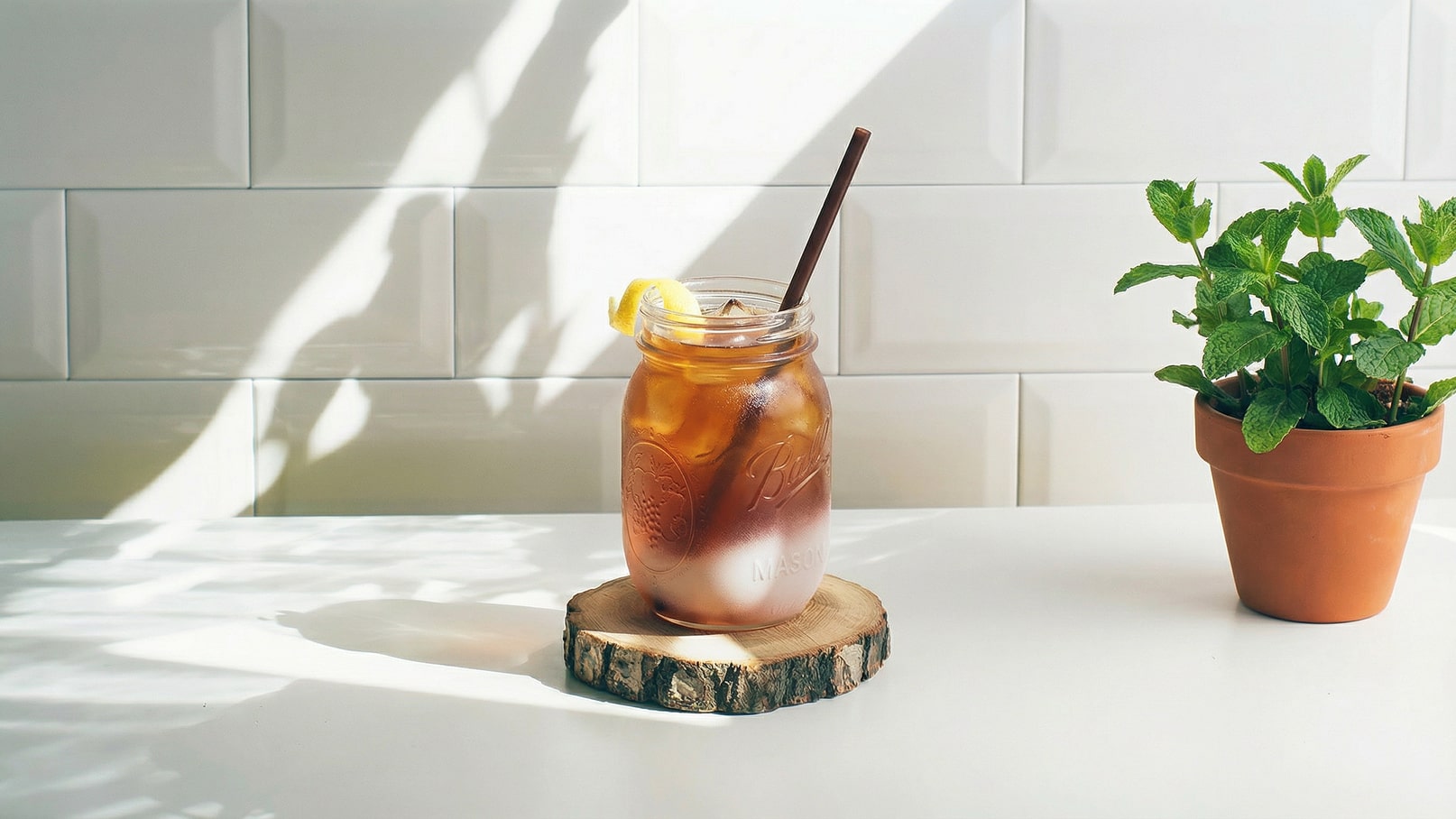 Ein Glas mit Eistee, gefüllt mit Eiswürfeln und einer Zitronenscheibe, steht auf einem Holzuntersetzer. Daneben befindet sich ein Topf mit frischer Minze. Das Bild vermittelt eine frische, sonnige Atmosphäre.