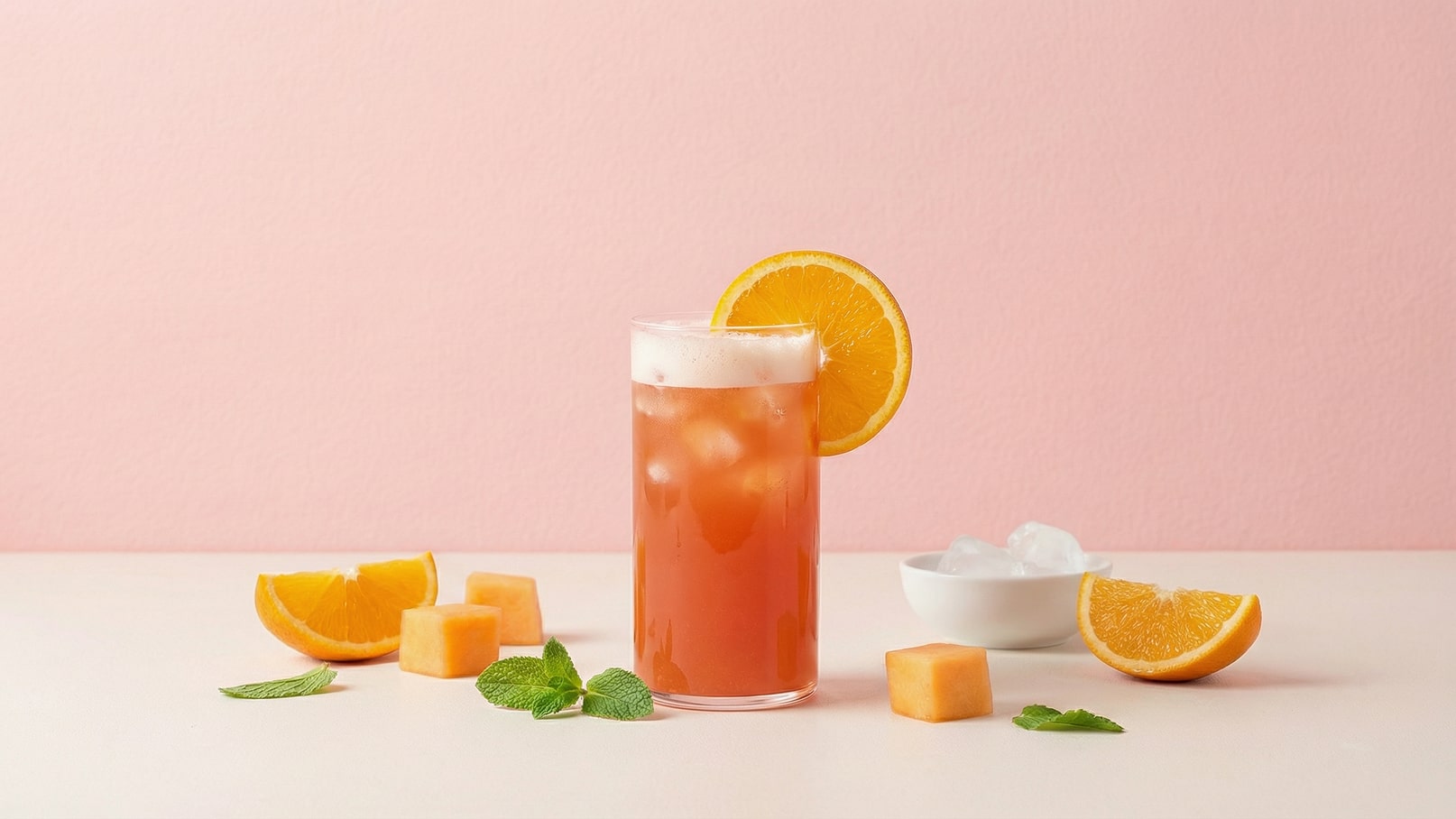 Ein Glas mit einem sommerlichen Cocktail steht auf einem hellen Tisch. Der Drink enthält Eiswürfel und ist mit einer Orangenscheibe dekoriert. Rundherum liegen einige orangefarbene Früchte und frische Minzblätter. Der Hintergrund ist in sanften Rosa-Tönen gehalten.