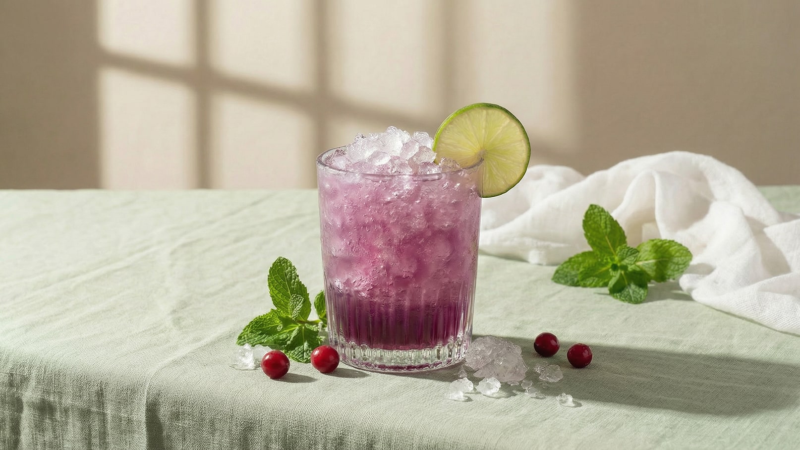 Ein Glas mit einem lila Cocktail ist mit Eis gefüllt und mit einer Limettenscheibe garniert. Um das Glas liegen einige frische Minzblätter und rote Beeren auf einem hellgrünen Tisch. Sanftes Licht fällt auf die Oberfläche.