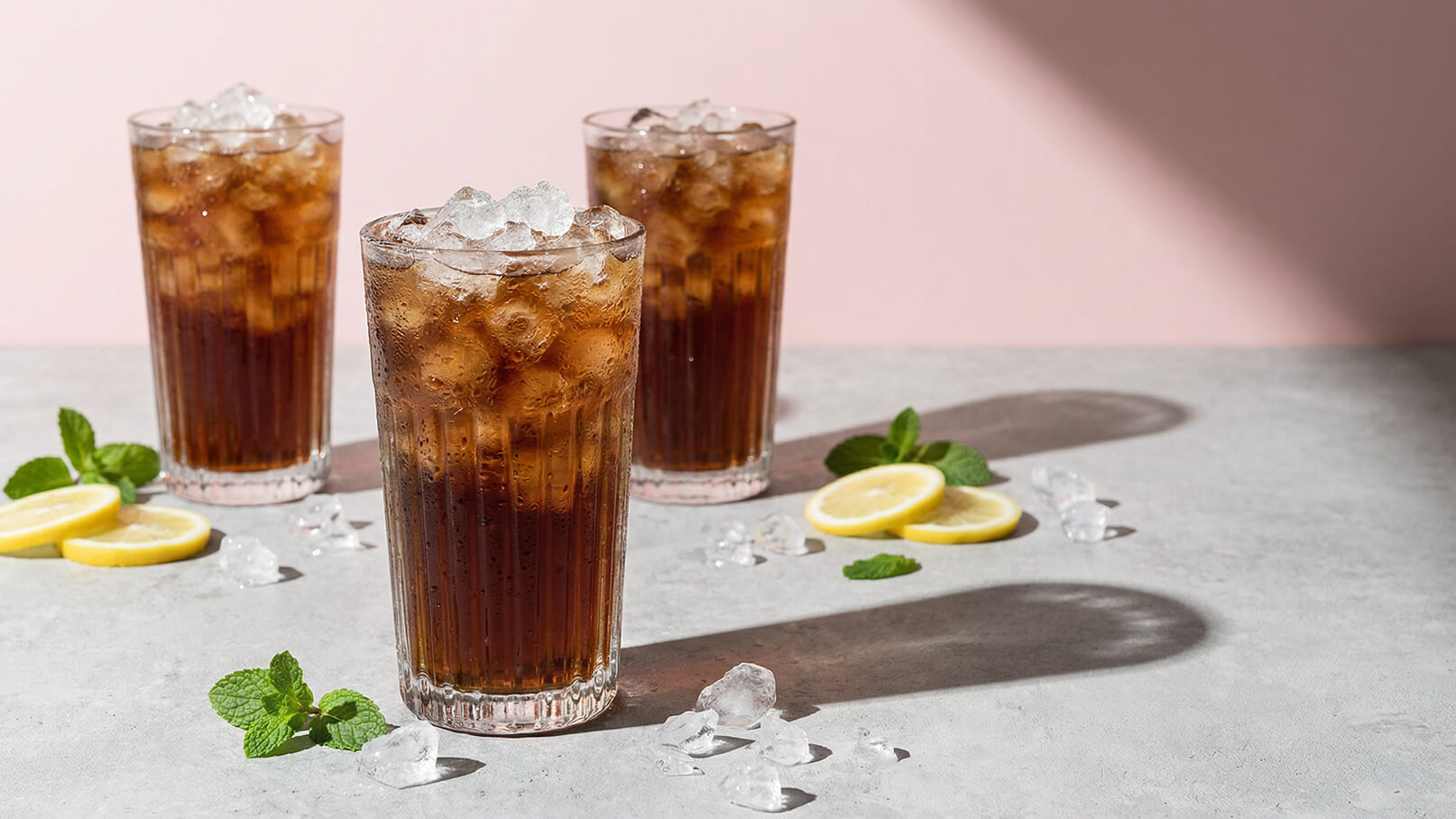 Drei Gläser mit einem erfrischenden Getränk, gefüllt mit Eis und einer sprudelnden Oberfläche, stehen auf einem Tisch. Um die Gläser liegen frische Zitronenscheiben und Minzblätter. Der Hintergrund ist sanft rosa.