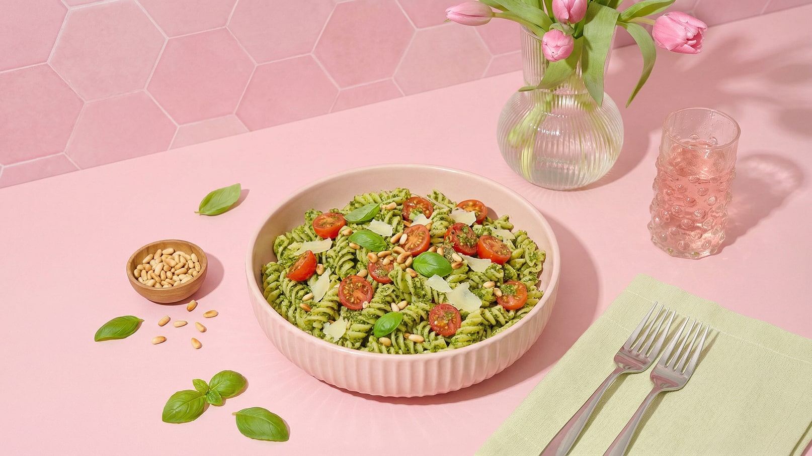 Eine Schüssel mit grünen Fusilli-Pasta, dekoriert mit Kirschtomaten, Pinienkernen und frischem Basilikum. Die Pasta ist mit Pesto bedeckt. Daneben befindet sich eine kleine Schüssel mit weiteren Pinienkernen. Der Hintergrund ist rosa, und es sind Besteck und ein Glas Wasser sichtbar.
