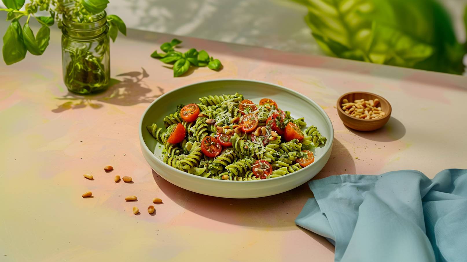 Eine weiße Schüssel mit bunten Spiralen aus grünen Nudeln, garniert mit Kirschtomaten und Pinienkernen. Daneben liegt ein Holzschälchen mit weiteren Pinienkernen. Im Hintergrund sind frische Basilikumblätter sichtbar. Die Szene strahlt frische und Farbvielfalt aus.