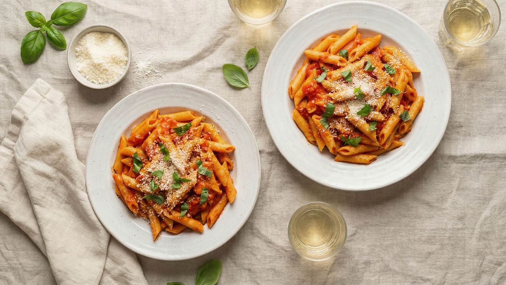 Zwei Teller Pasta mit Tomatensauce, bedeckt mit Parmesan und frischem Basilikum, stehen auf einer Stoffunterlage. Daneben befindet sich eine Schale mit geriebenem Parmesan und ein Glas Weißwein. Ein paar Basilikumblätter sind ebenfalls verteilt.
