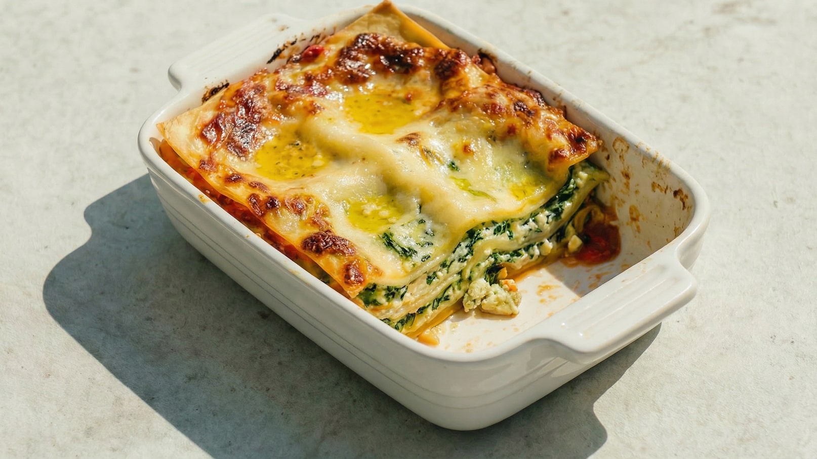 Eine frisch gebackene Lasagne in einer weißen Auflaufform. Die Lasagne ist geschichtet mit Spinat, ricotta und einer goldbraunen Käseschicht obendrauf. Die Ränder sind leicht knusprig und es ist sichtbar, dass die Füllung saftig ist.