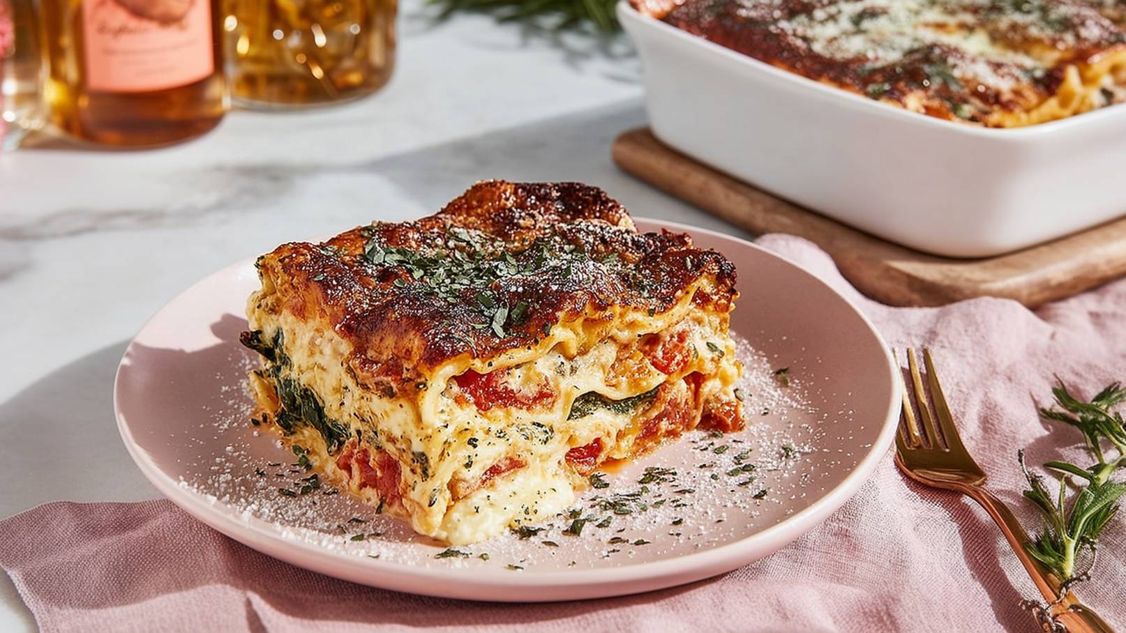 Ein Stück Lasagne auf einem rosa Teller, garniert mit frischen Kräutern. Die Schichten sind sichtbar, mit Tomatensauce und Käse. Im Hintergrund befindet sich eine Auflaufform mit weiterer Lasagne und eine pinke Serviette. Ein elegantes Setting mit einem goldenen Besteckstück ist ebenfalls zu sehen.
