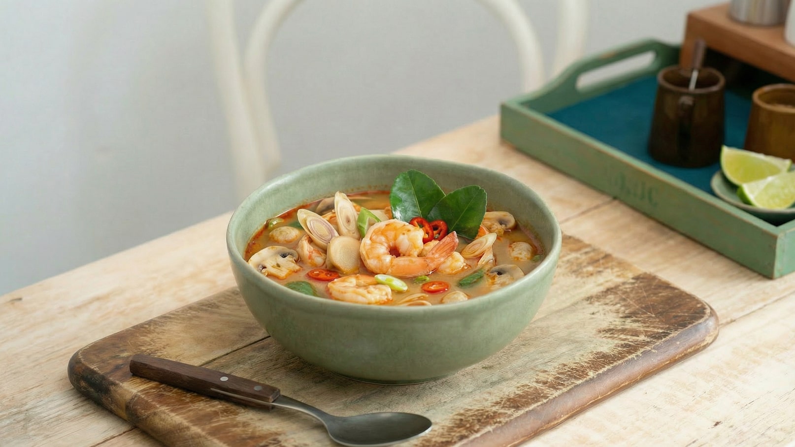 Eine grüne Schüssel mit einer würzigen Suppe, die Garnelen, Pilze und Frühlingszwiebeln enthält. Darüber liegen frische Limettenblätter und rote Chilis. Die Schüssel steht auf einem Holzbrett, das auf einem Tisch liegt.