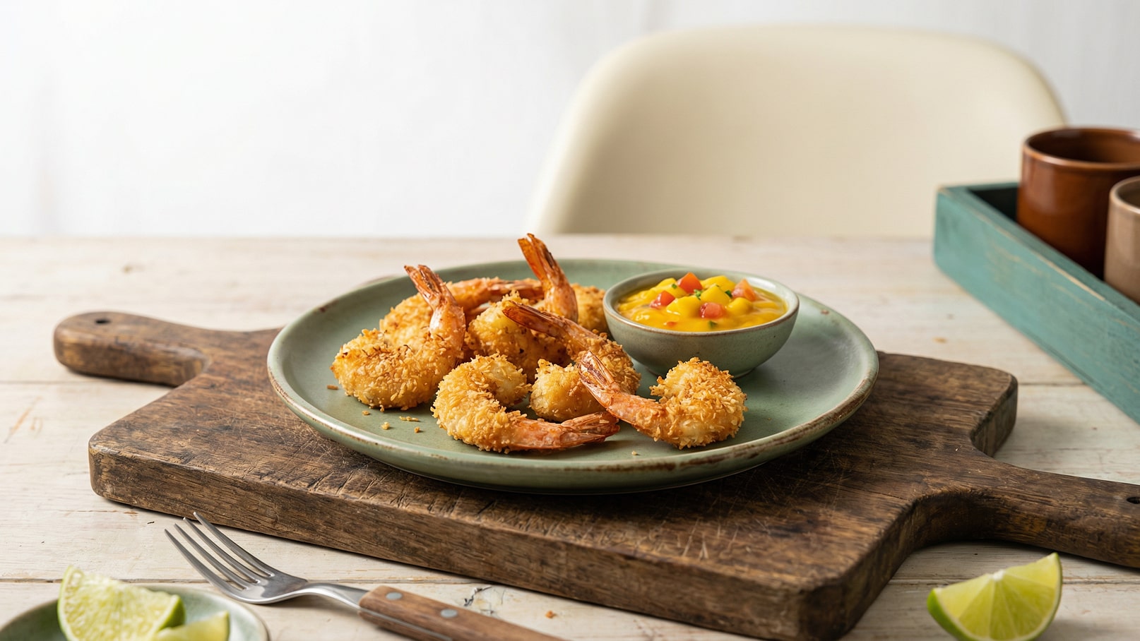 Ein Teller mit knusprig gebratenen Garnelen, die teilweise mit Panade überzogen sind, befindet sich auf einem Holzbrett. Neben den Garnelen steht eine kleine Schüssel mit einer fruchtigen Mangosauce, die mit kleinen Gemüsewürfeln angereichert ist.