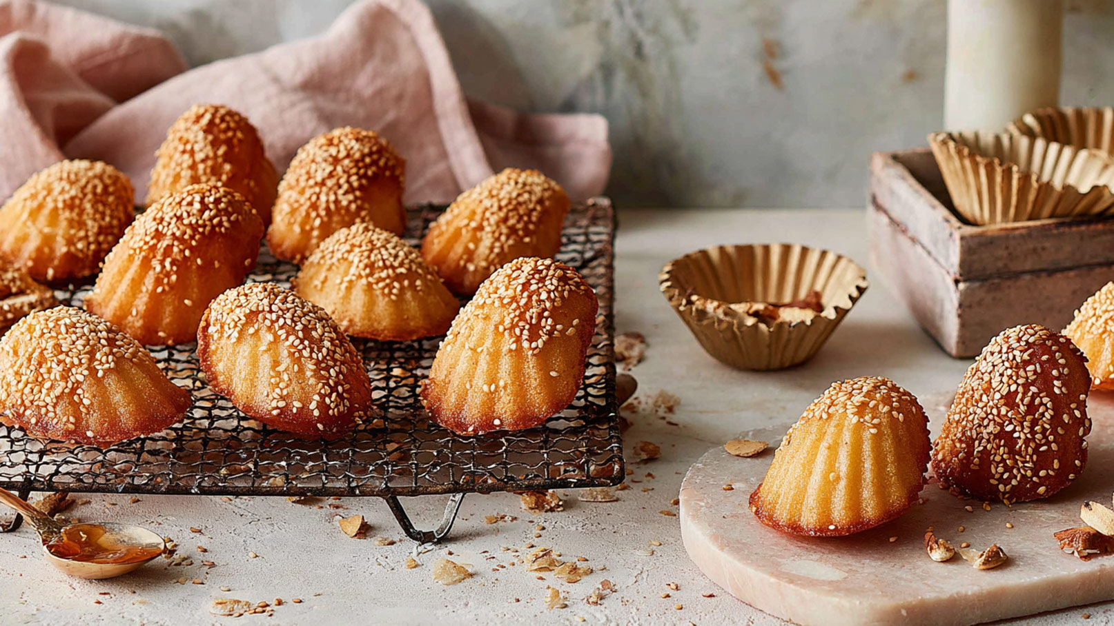 Auf einem Gitterrost stehen mehrere goldbraune Madeleines, die mit Sesam bestreut sind. Im Vordergrund liegen einige Madeleines auf einer marmorierten Platte. Im Hintergrund sind leere Backförmchen sichtbar. Die Szene hat eine gemütliche, einladende Atmosphäre.