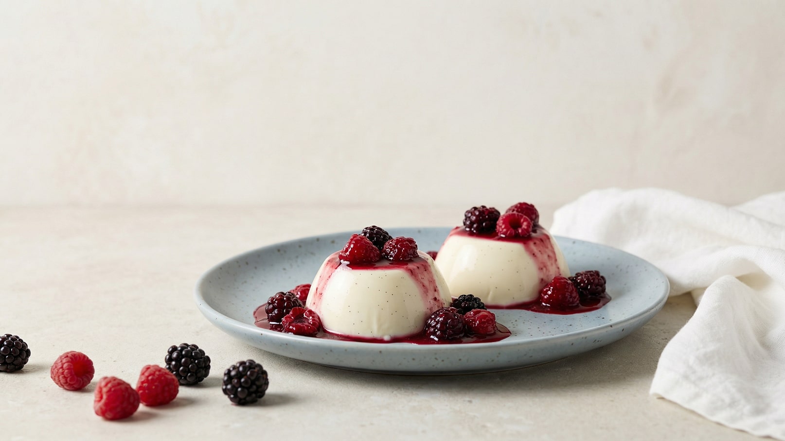Ein Teller mit zwei Portionen Panna Cotta, garniert mit frischen Himbeeren und Brombeeren sowie einer fruchtigen Sauce. Um den Teller liegen einige weitere Beeren. Der Hintergrund ist hell und neutral.