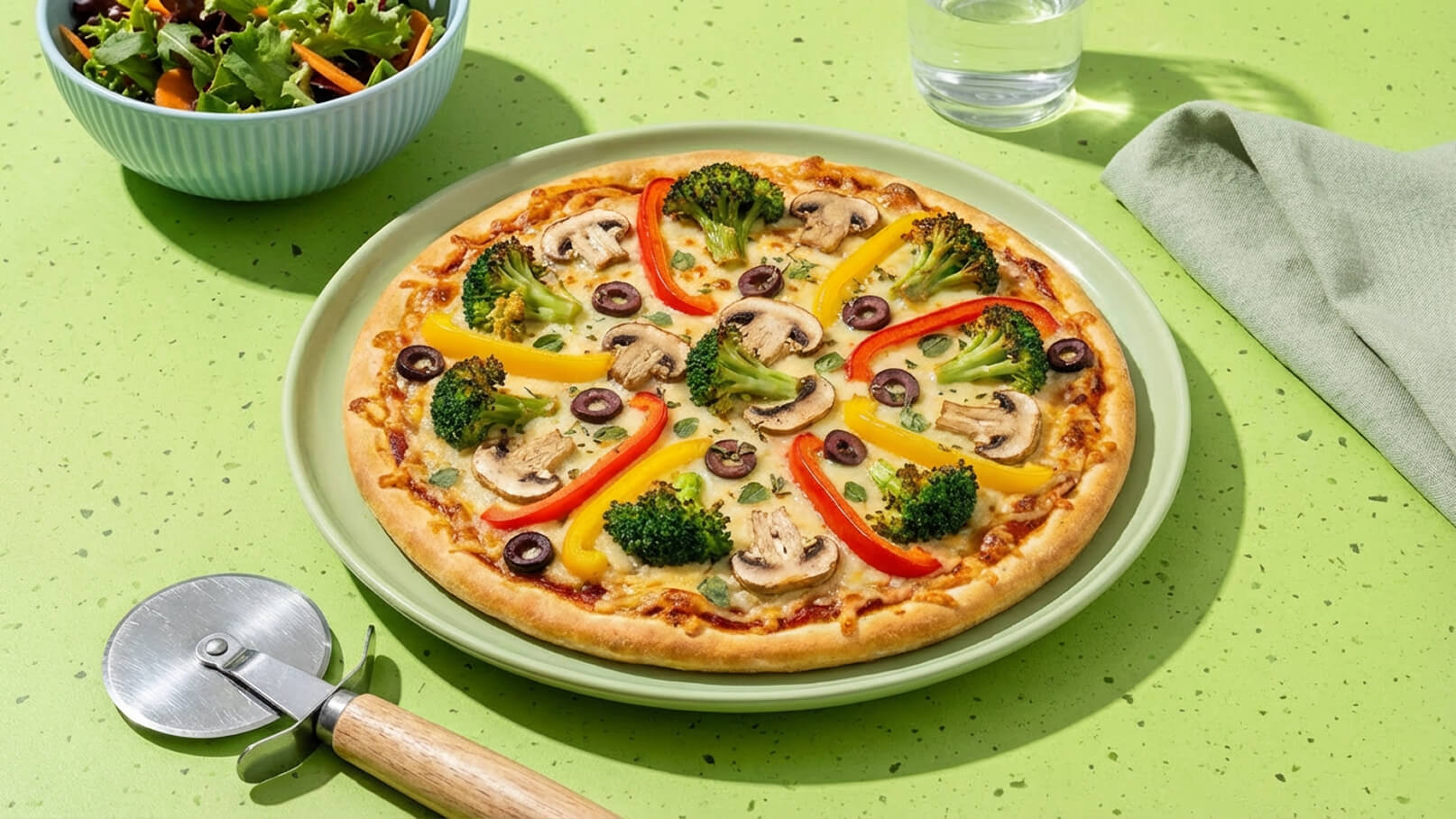 Eine frisch gebackene Pizza auf einem grünen Teller, belegt mit Brokkoli, roten und gelben Paprika, Champignons und Oliven. Neben der Pizza steht eine Schüssel mit gemischtem Salat und ein Glas Wasser. Der Hintergrund ist eine grüne, strukturierte Oberfläche.