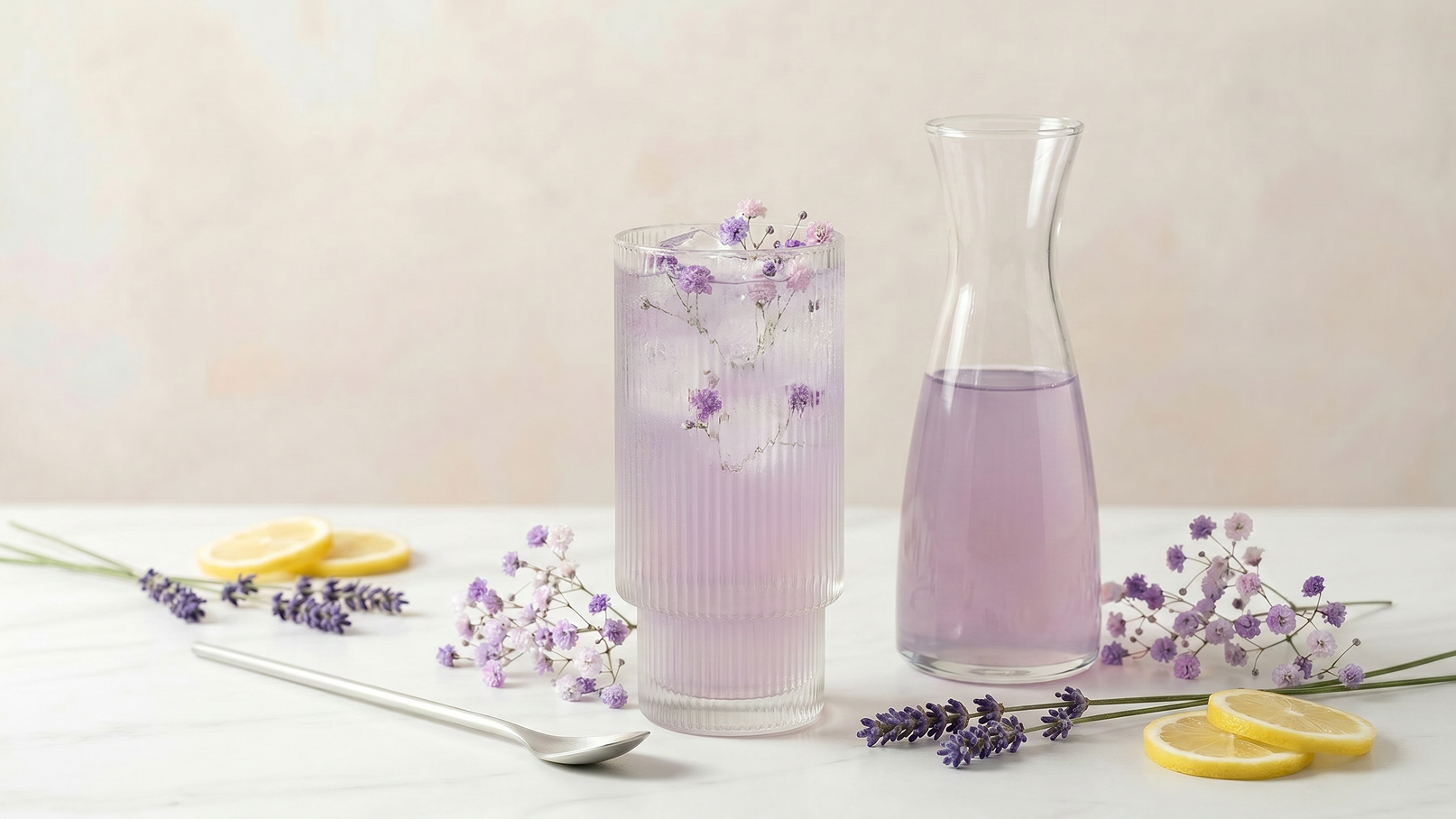 Ein hohes Glas mit lila Getränk und essbaren Blüten steht neben einer Karaffe mit derselben Flüssigkeit. Säulen aus Lavendel und Zitronenscheiben liegen auf dem Tisch, der eine frische, frühlingshafte Atmosphäre vermittelt.