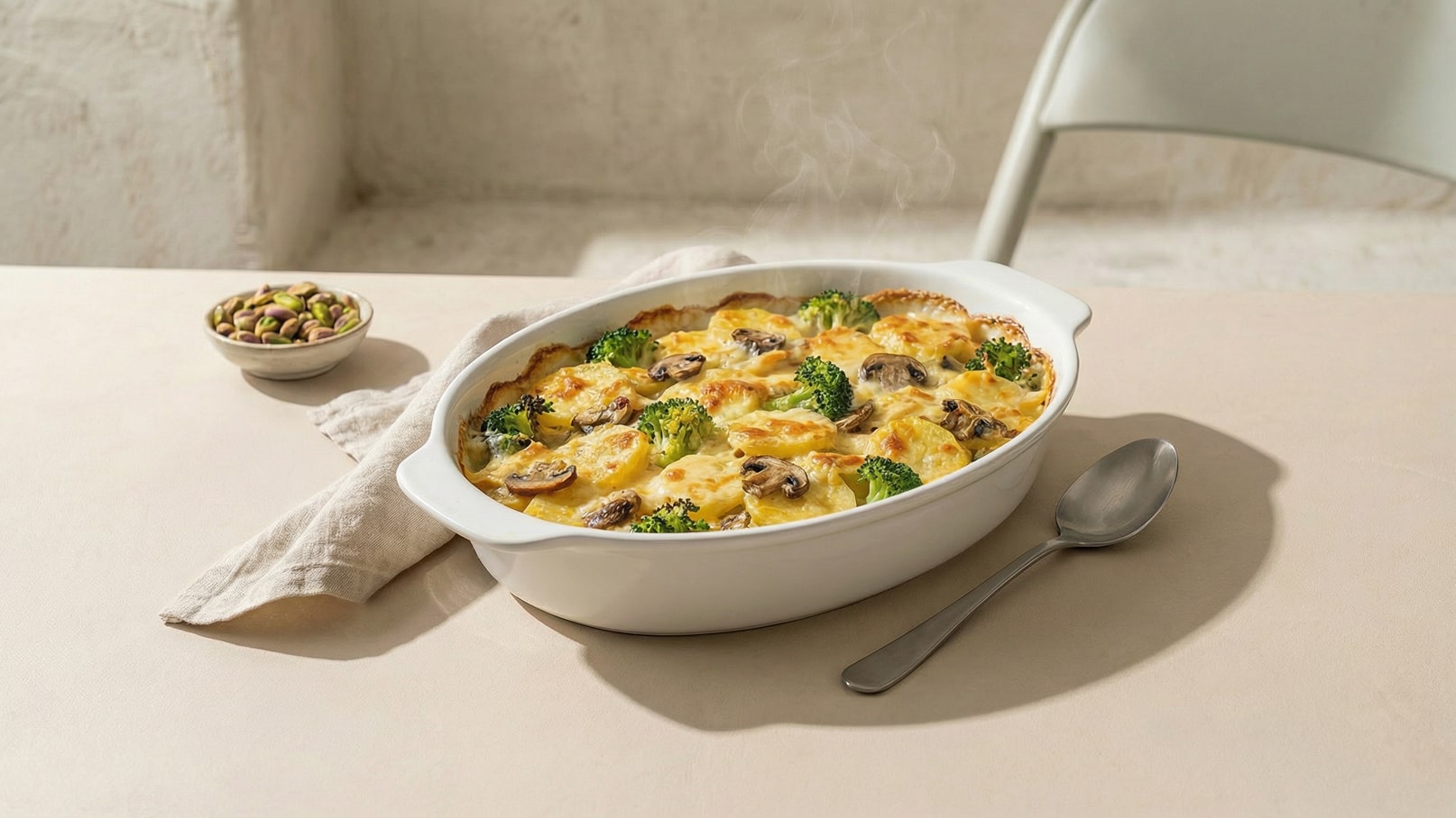 Auf dem Bild ist eine Auflaufform mit einem frisch gebackenen Gericht zu sehen, das Brokkoli, Pilze und Käse enthält. Dampf steigt von der Speise auf, die appetitlich und cremig aussieht. Neben der Form liegt ein Esslöffel und eine Serviette.