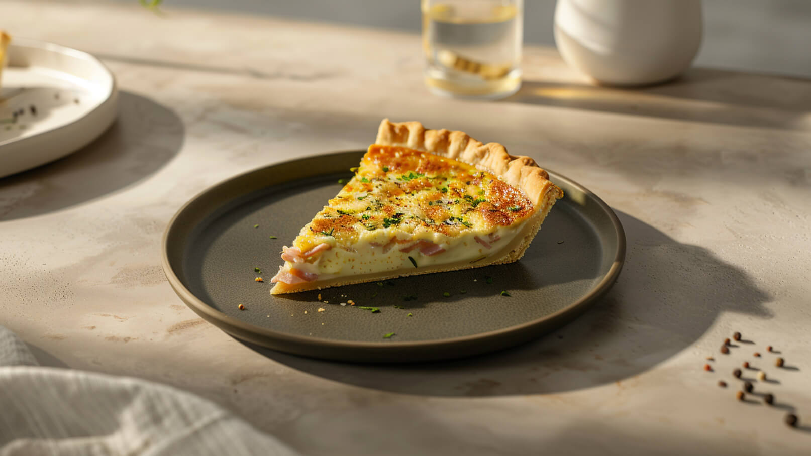 Ein Stück Quiche auf einem grauen Teller, mit knusprigem Rand und einer goldbraunen, leicht gebräunten Oberfläche. Die Quiche ist mit Kräutern bestreut und zeigt eine Füllung aus Eiern und Schinken. Im Hintergrund sind weitere Teller und ein Glas Wasser sichtbar.