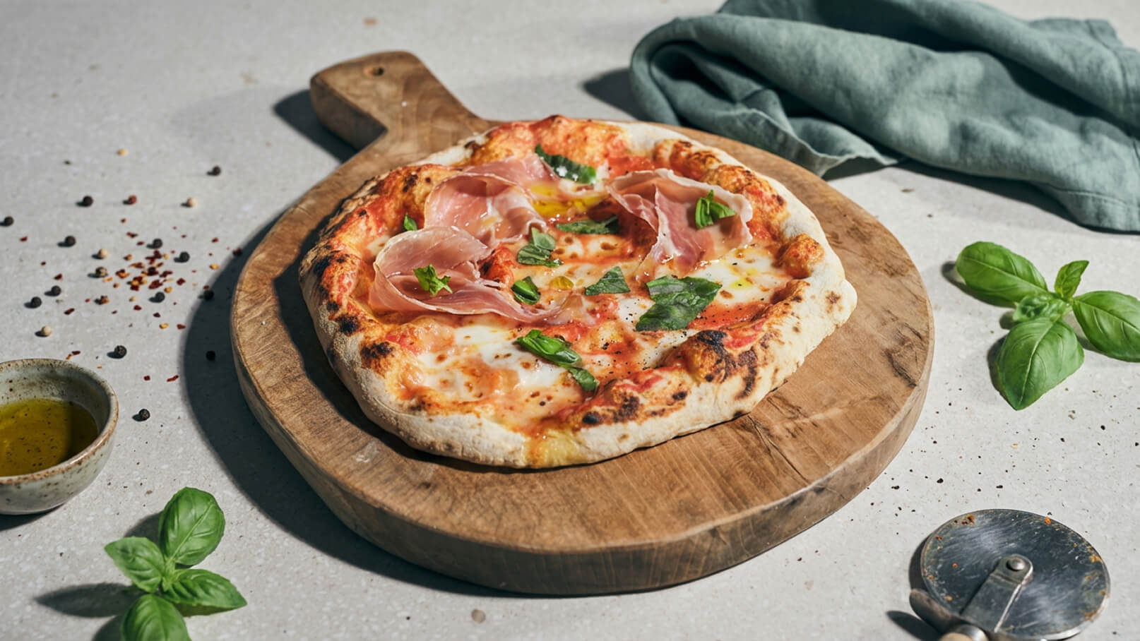Eine frisch gebackene Pizza auf einem Holzbrett. Die Pizza ist mit Tomatensauce, Mozzarella, Basilikumblättern und Prosciutto belegt. Neben der Pizza liegen frisches Basilikum und ein kleiner Schüssel mit Olivenöl.