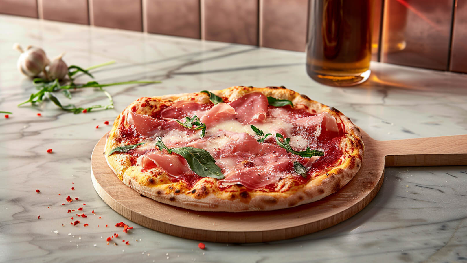 Ein frischer Pizzateller auf einem Holzbrett, belegt mit Tomatensauce, Käse, Prosciutto und frischem Basilikum. Die Pizza hat einen goldenen Rand und liegt auf einem marmorierten Tisch. Einige Kräuter und Gewürze sind um die Pizza verteilt.