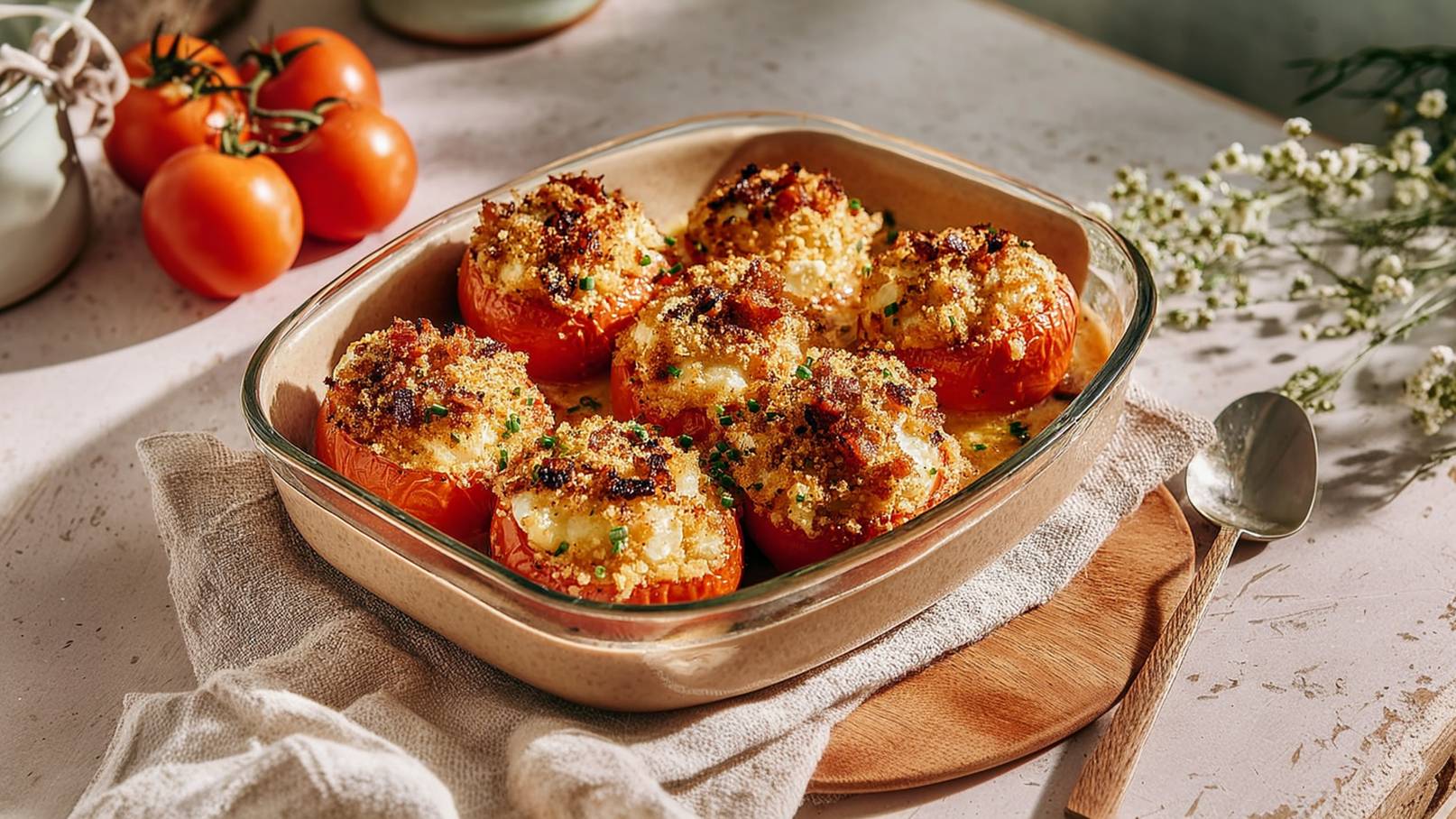 Ein Auflauf mit gefüllten Tomaten ist in einer rechteckigen Form angerichtet. Die Tomaten sind mit einer goldbraunen, knusprigen Kruste überzogen. Neben dem Auflauf liegen einige frische, rote Tomaten und ein Löffel auf einem Holzbrett.