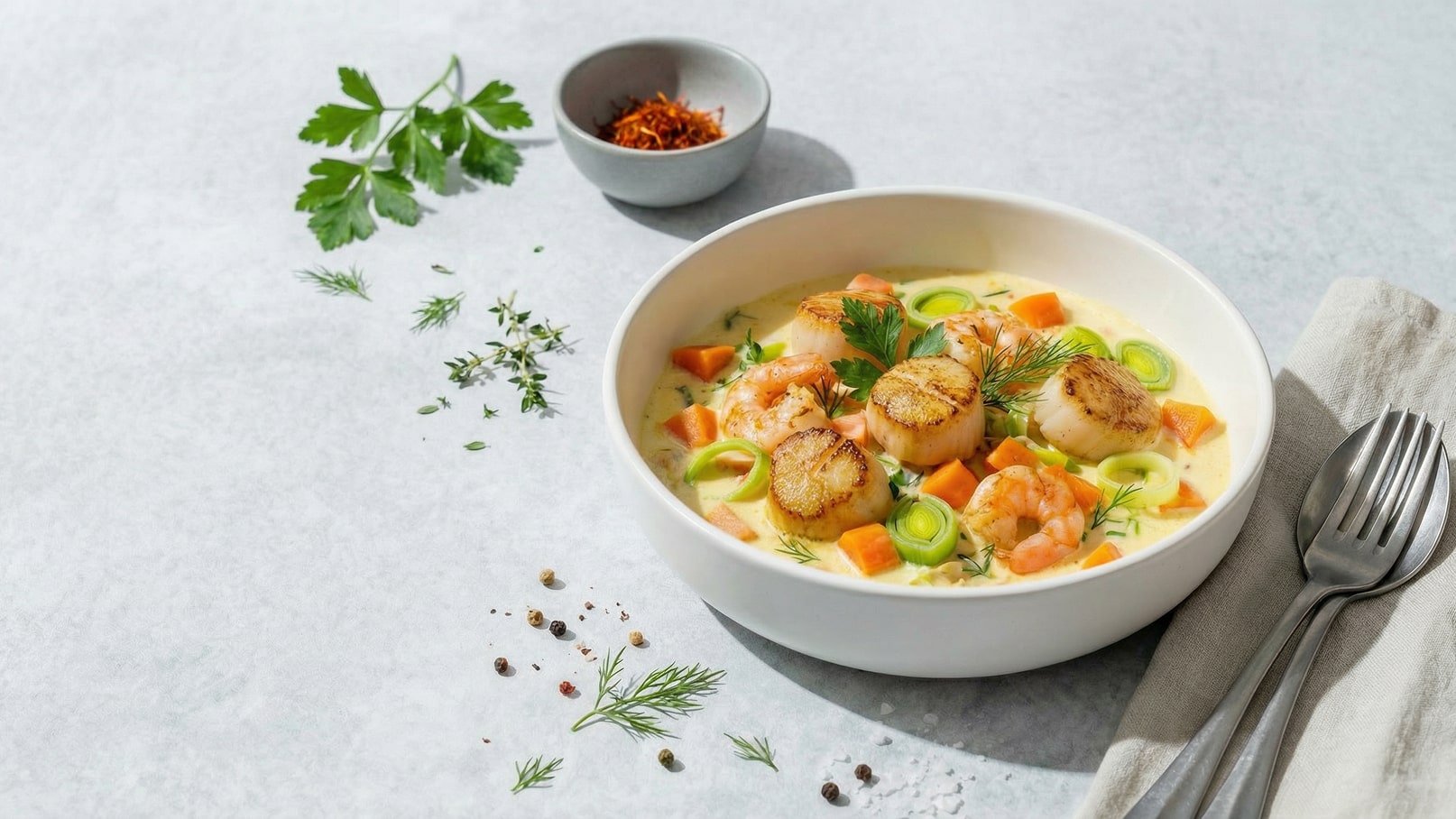 Ein tiefes Schälchen enthält eine cremige Suppe mit Garnelen, gebratenen Jakobsmuscheln, Karotten und Lauch. Frische Kräuter wie Dill und Petersilie sind dekorativ hinzugefügt. Neben der Schüssel liegen Besteck und ein kleines Schälchen mit Gewürzen.
