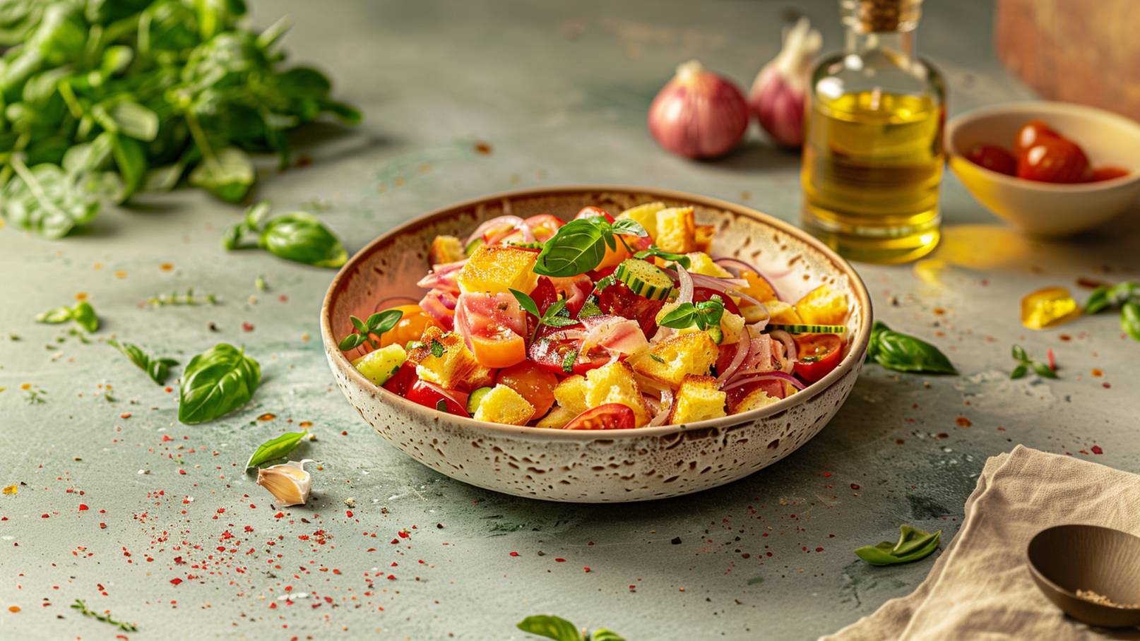 Eine dekorative Schüssel mit buntem Salat, der aus Tomaten, Gurken, Zwiebeln und Brotstücken besteht, ist im Vordergrund zu sehen. Frische Kräuter wie Basilikum legen sich um die Schüssel. Im Hintergrund sind Olivenöl und weitere Zutaten zu erahnen.