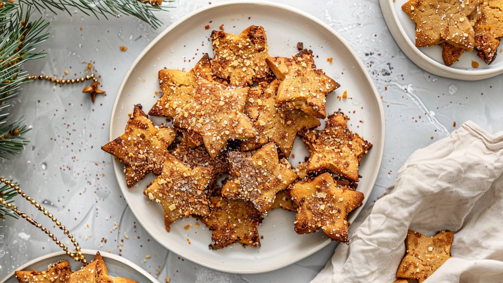 Ein weißer Teller mit goldbraunen, sternförmigen Plätzchen, die mit Zucker bestreut sind. Die Plätzchen sind unregelmäßig angeordnet und wirken frisch gebacken. Im Hintergrund sind einige grüne Zweige und dekorative Elemente zu erkennen.
