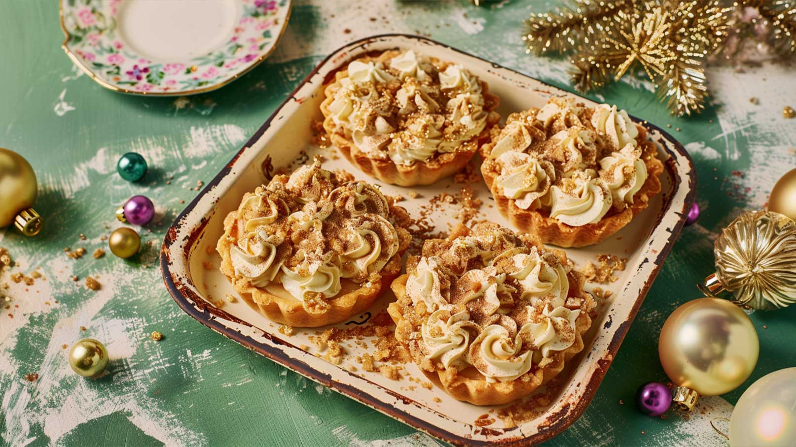 Ein rechteckiges Blech enthält vier kleine Törtchen mit einer raffinierten Cremeoberfläche und Krümeln. Der Hintergrund ist in sanften Grüntönen gehalten, während verschiedene Weihnachtsbaumkugeln in Gold, Grün und Lila um das Blech verteilt sind.