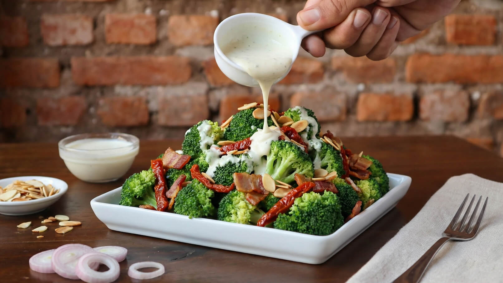 Eine Hand hält eine Sauciere, aus der eine cremige Sauce über einen Salat aus Brokkoli, getrockneten Tomaten, Speck und Mandeln gegossen wird. Im Hintergrund sind ein Schälchen mit zusätzlicher Sauce und eine kleine Schale mit gerösteten Mandeln sichtbar.