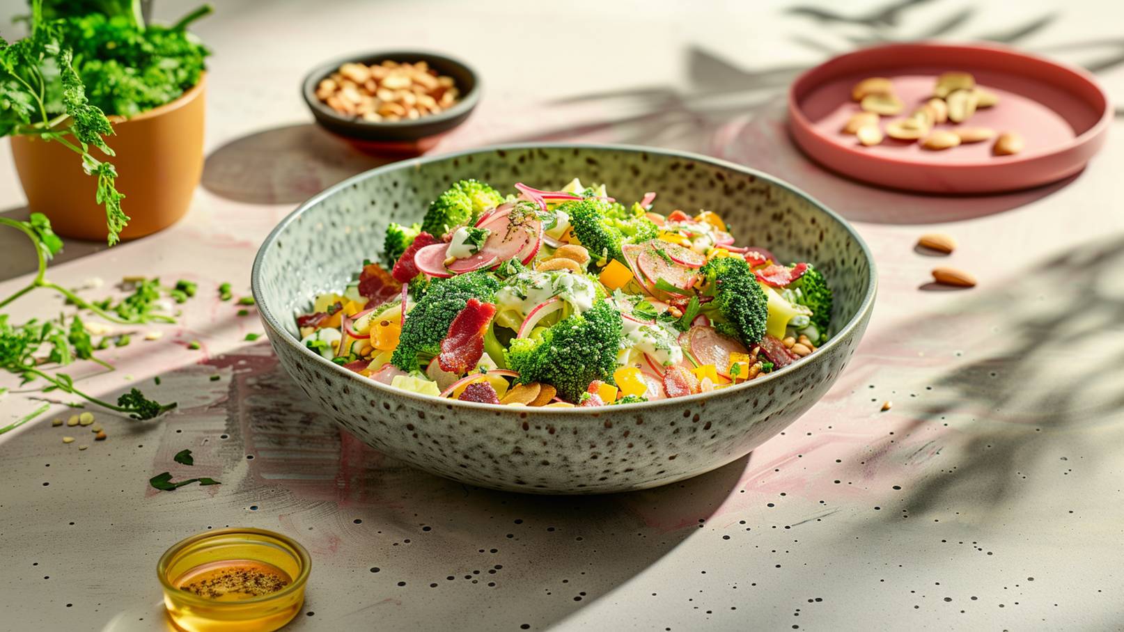 Eine große, dekorative Schüssel enthält einen bunten Salat mit Brokkoli, Radieschen, Paprika und Kräutern. Darauf ist ein cremiges Dressing und einige geröstete Nüsse zu sehen. Im Hintergrund stehen ein Topf mit Grünpflanze und eine kleine Schale mit weiteren Nüssen.