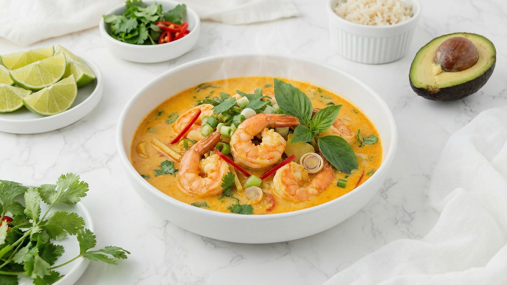 Eine Schüssel mit aromatischer Suppe, gefüllt mit Garnelen, Kräutern und Gemüse. Dazu frische Limettenscheiben und eine Schüssel Reis. Das Gericht ist bunt und dampft leicht, was auf seine Frische hinweist.